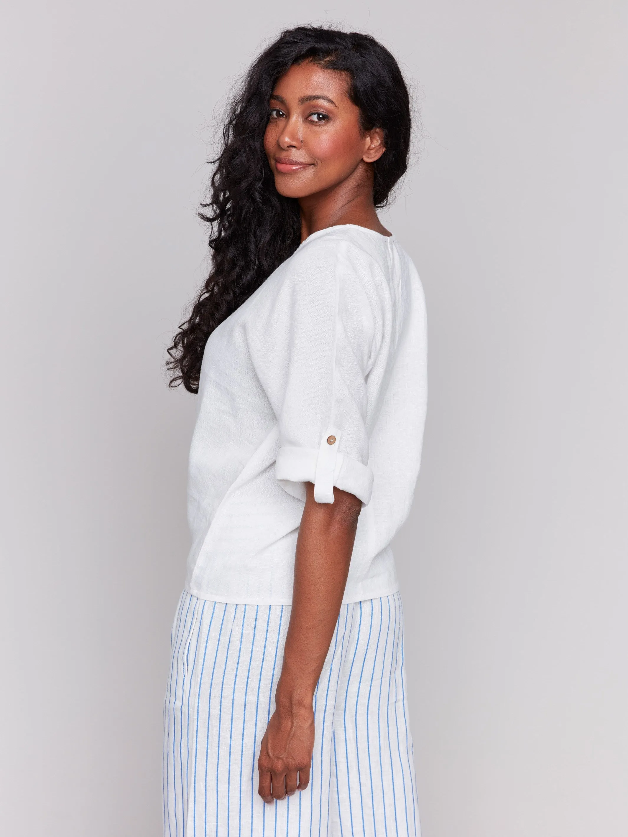 Linen Blend 3/4 Sleeve Top with Front Tie - White sold by Charlie B product image thumbnail 3
