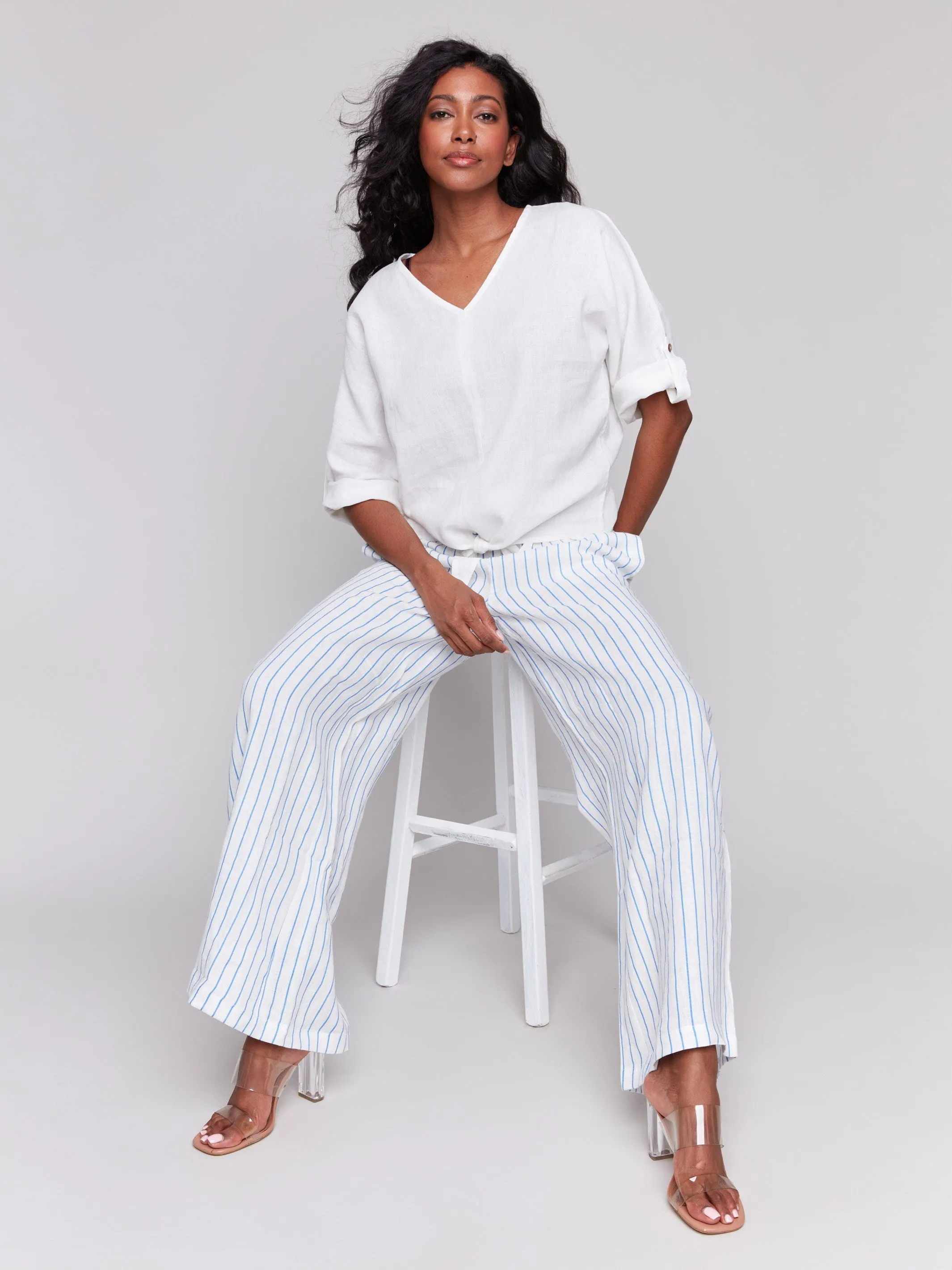 Linen Blend 3/4 Sleeve Top with Front Tie - White sold by Charlie B product image thumbnail 4