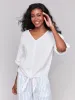 Linen Blend 3/4 Sleeve Top with Front Tie - White sold by Charlie B