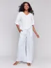 Linen Blend 3/4 Sleeve Top with Front Tie - White sold by Charlie B