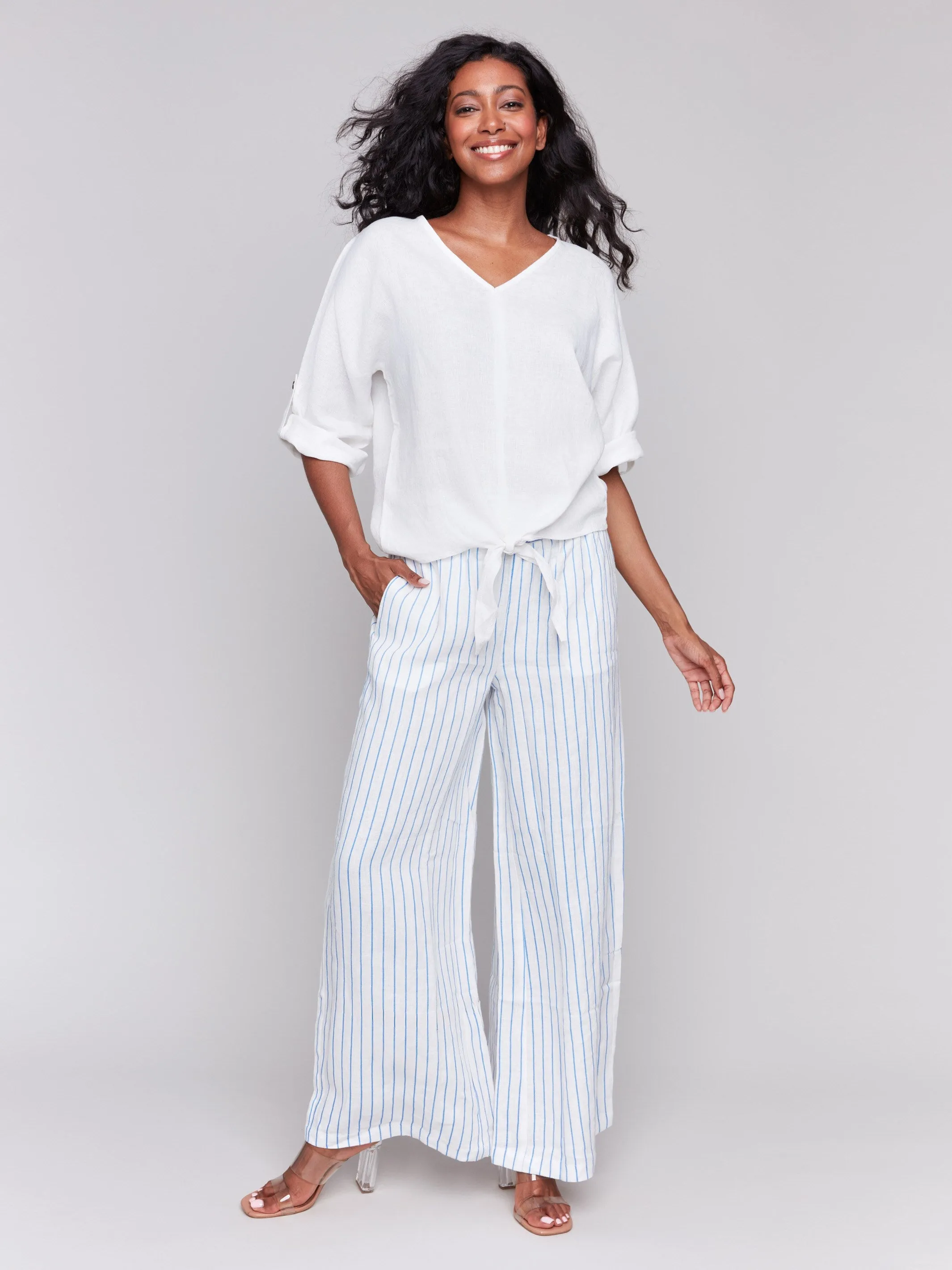 Linen Blend 3/4 Sleeve Top with Front Tie - White sold by Charlie B product image thumbnail 2