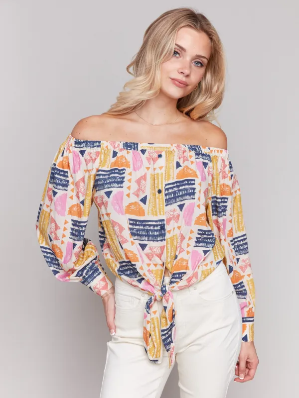 Off-The-Shoulder Printed Blouse with Front Tie - Batik sold by Charlie B