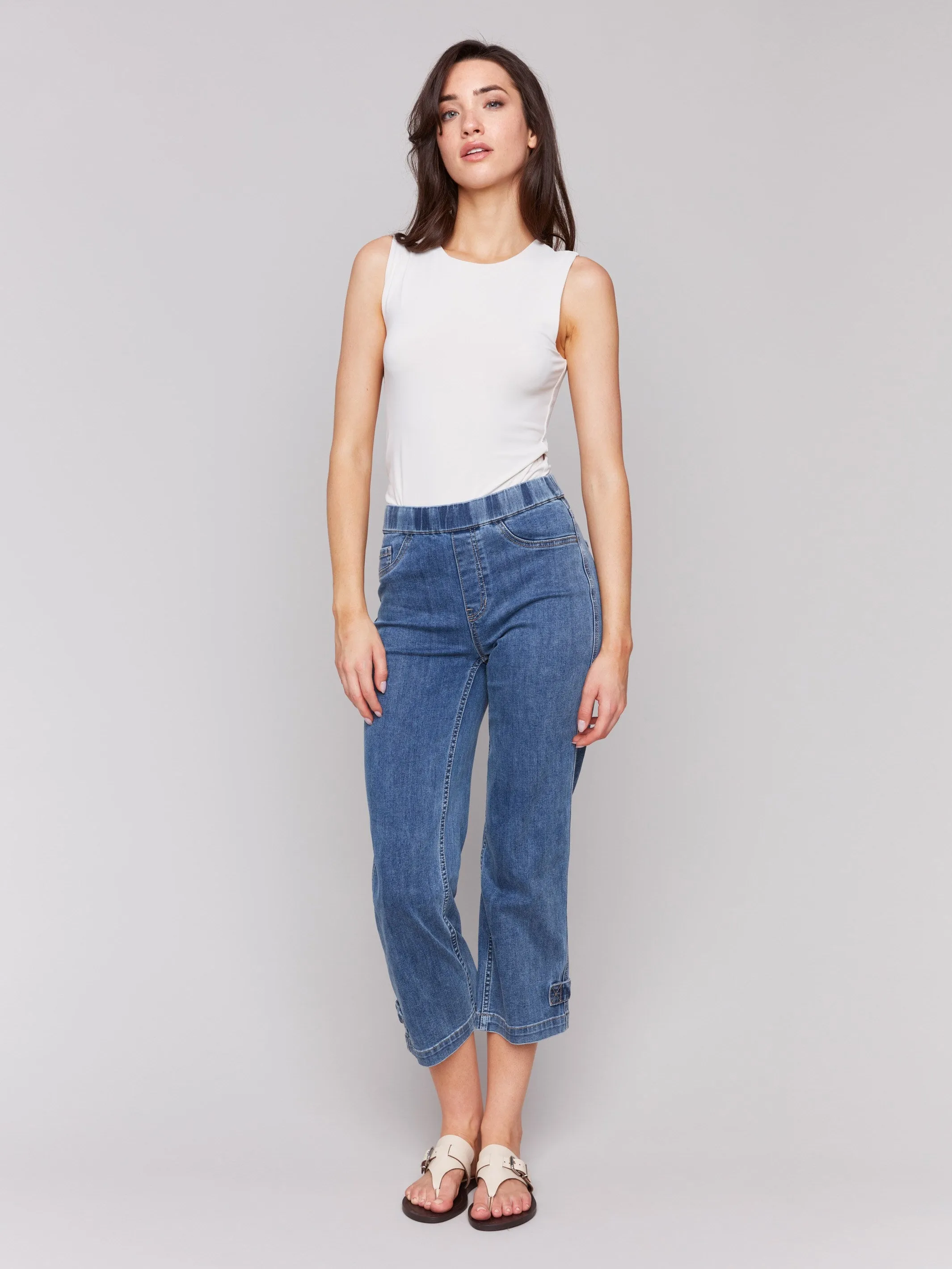 Cropped Pull-On Jeans with Hem Tab - Medium Blue sold by Charlie B