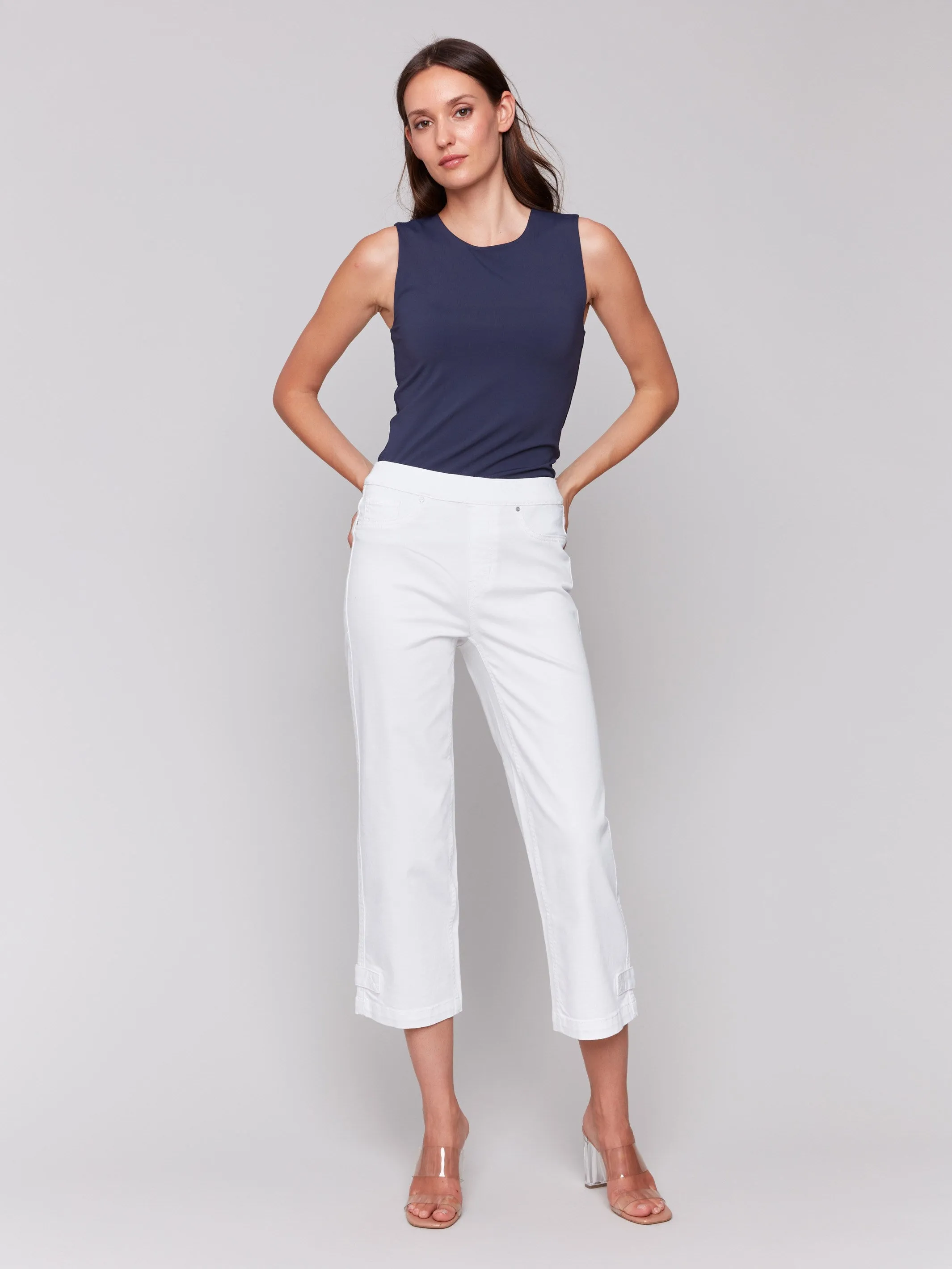 Cropped Pull-On Twill Pants with Hem Tab - White sold by Charlie B