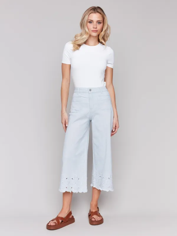 Wide-Leg Cropped Jeans with Scallop Embroidered Hem - Stripes sold by Charlie B