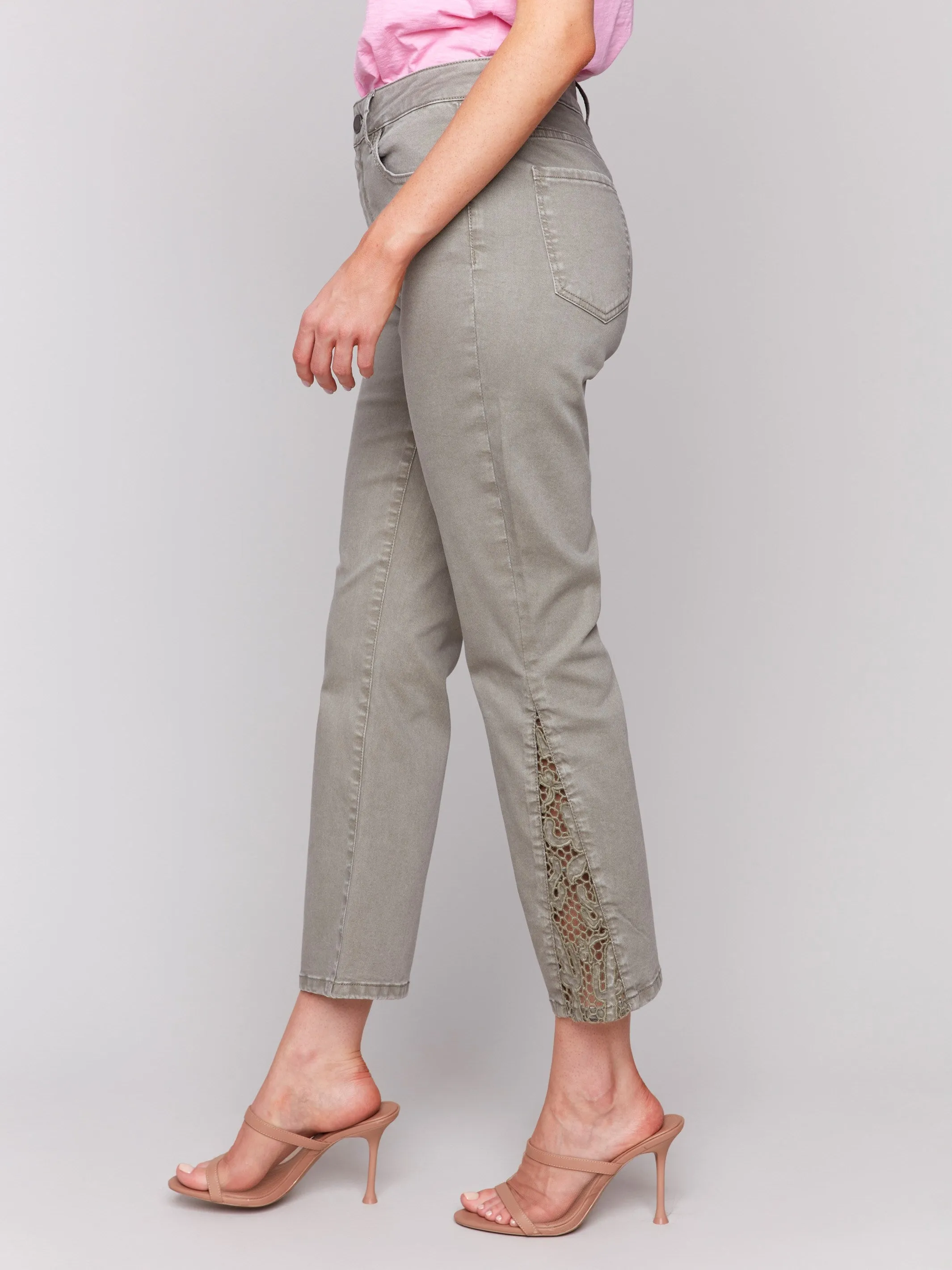 Lace Cut Side Bootcut Twill Pants - Celadon sold by Charlie B product image thumbnail 3