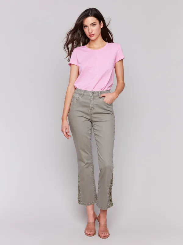 Lace Cut Side Bootcut Twill Pants - Celadon sold by Charlie B