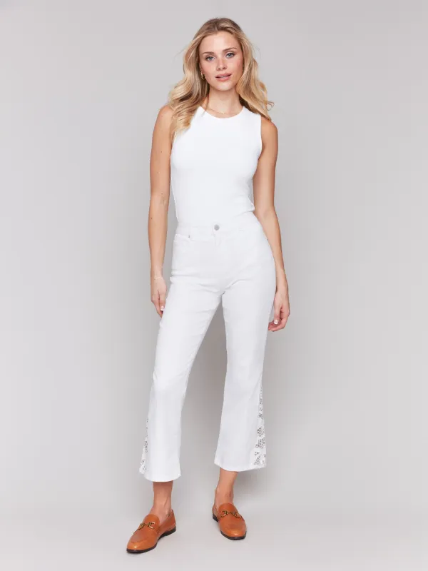 Lace Cut Side Bootcut Twill Pants - White made by Charlie B