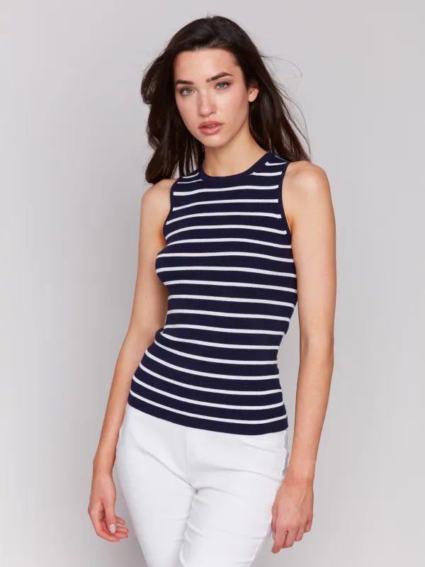Striped Rib Knit Sleeveless Top - Navy sold by Charlie B