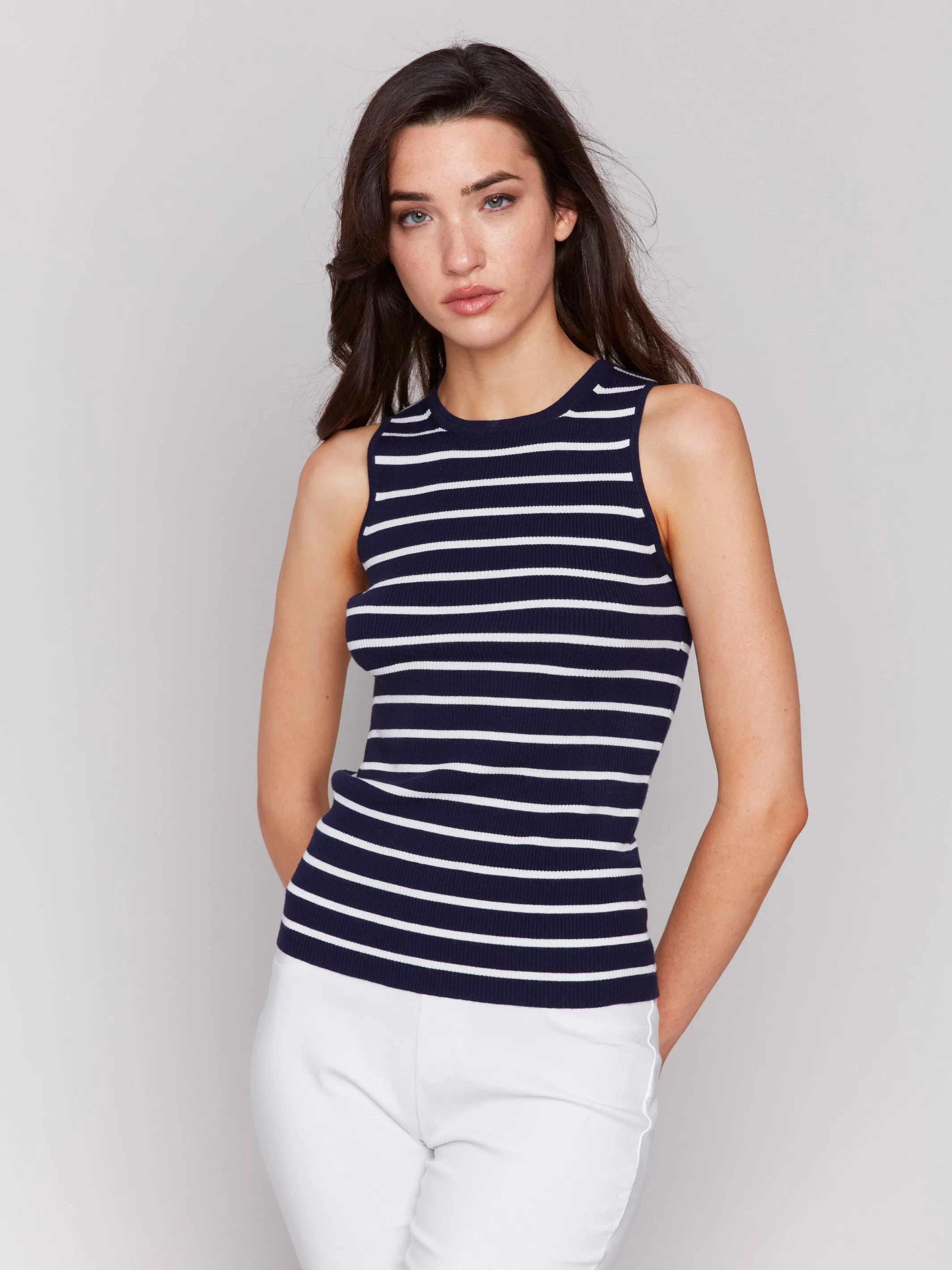 Striped Rib Knit Sleeveless Top - Navy sold by Charlie B product image thumbnail 5