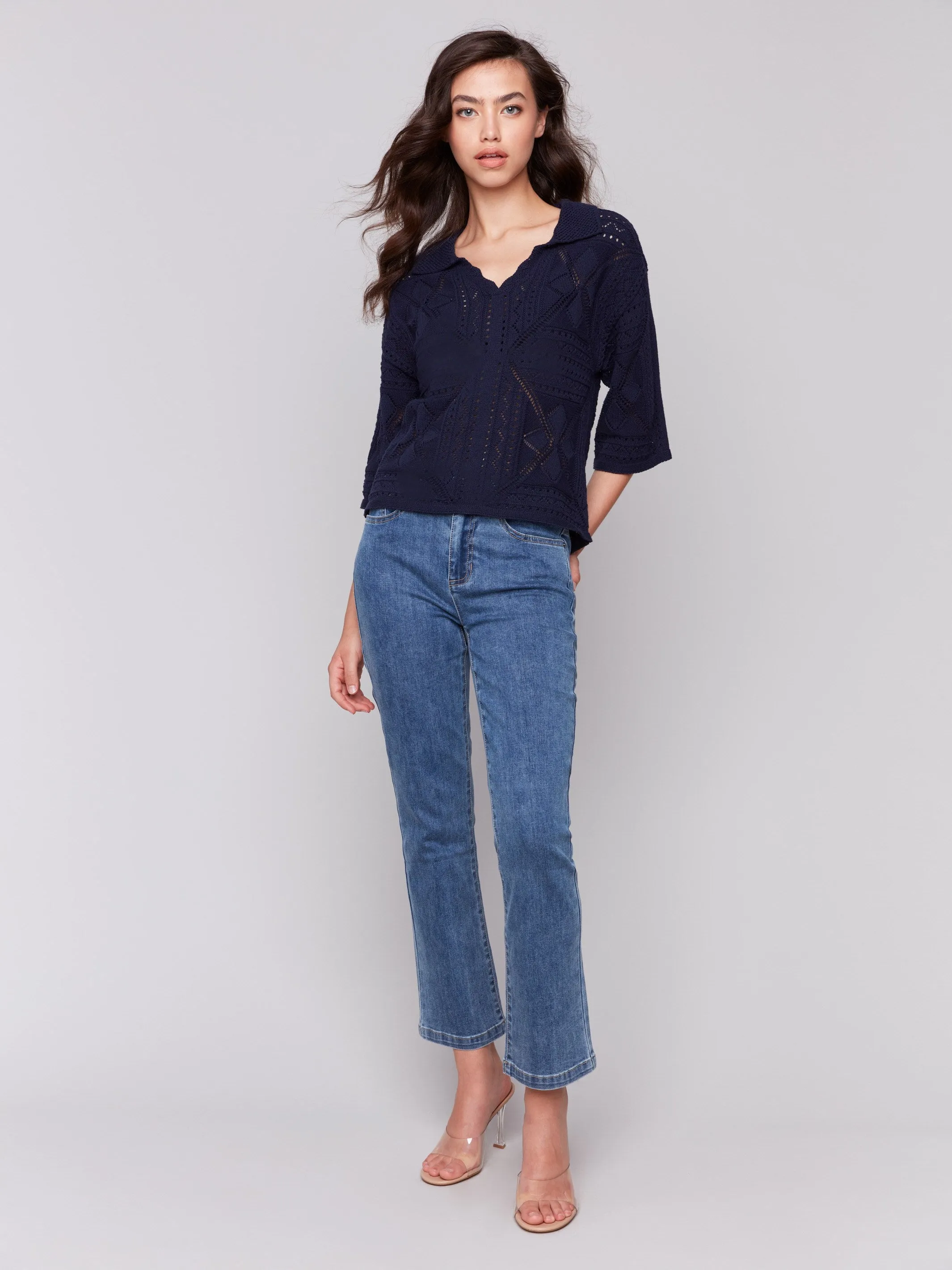 Johnny Collar Pointelle Sweater - Navy sold by Charlie B product image thumbnail 2