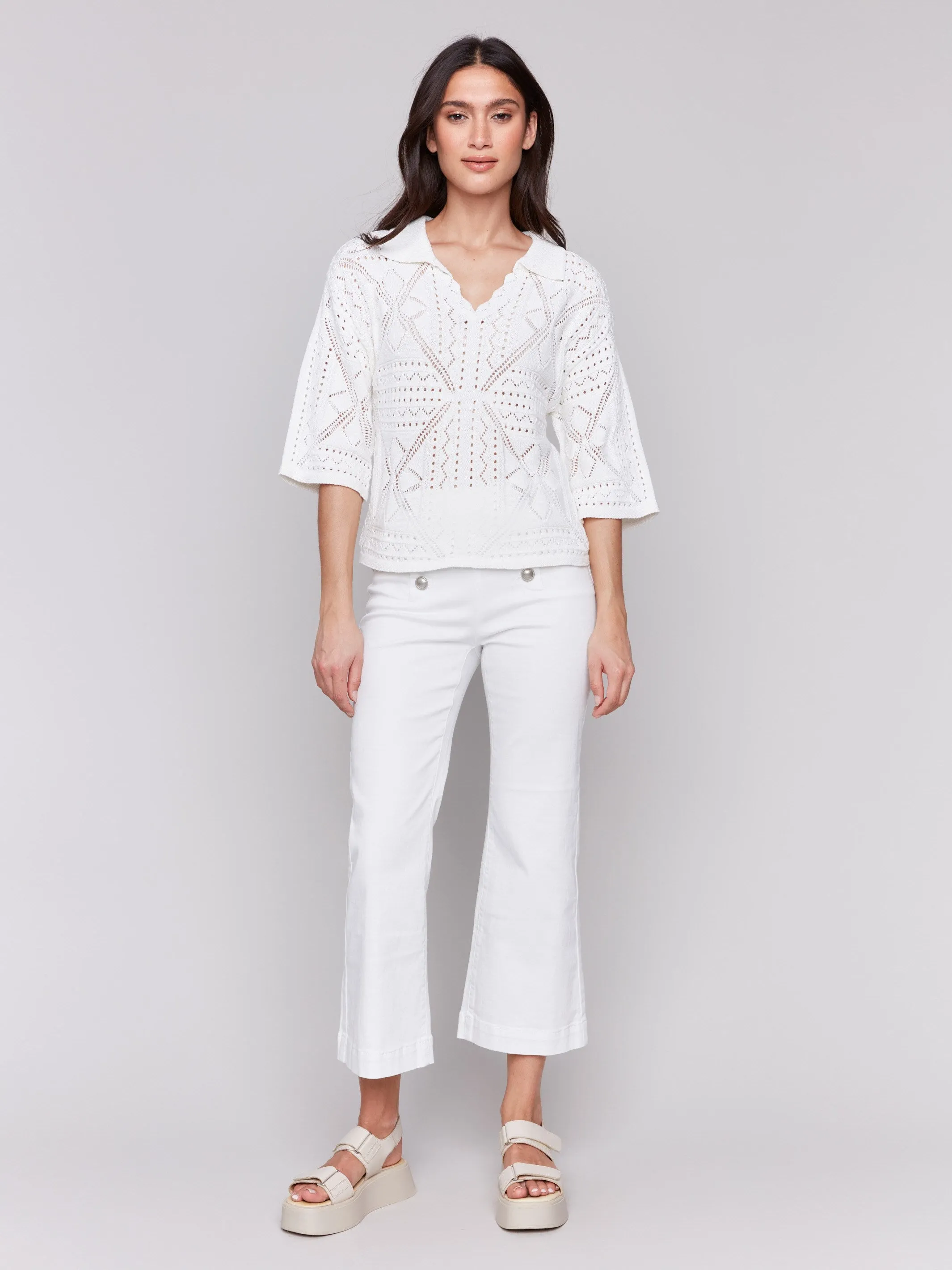 Johnny Collar Pointelle Sweater - White sold by Charlie B product image thumbnail 4