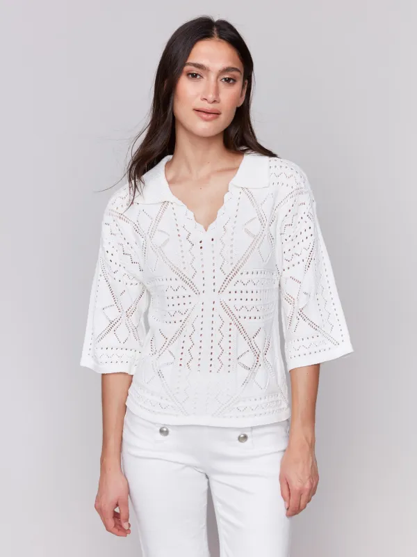 Johnny Collar Pointelle Sweater - White sold by Charlie B