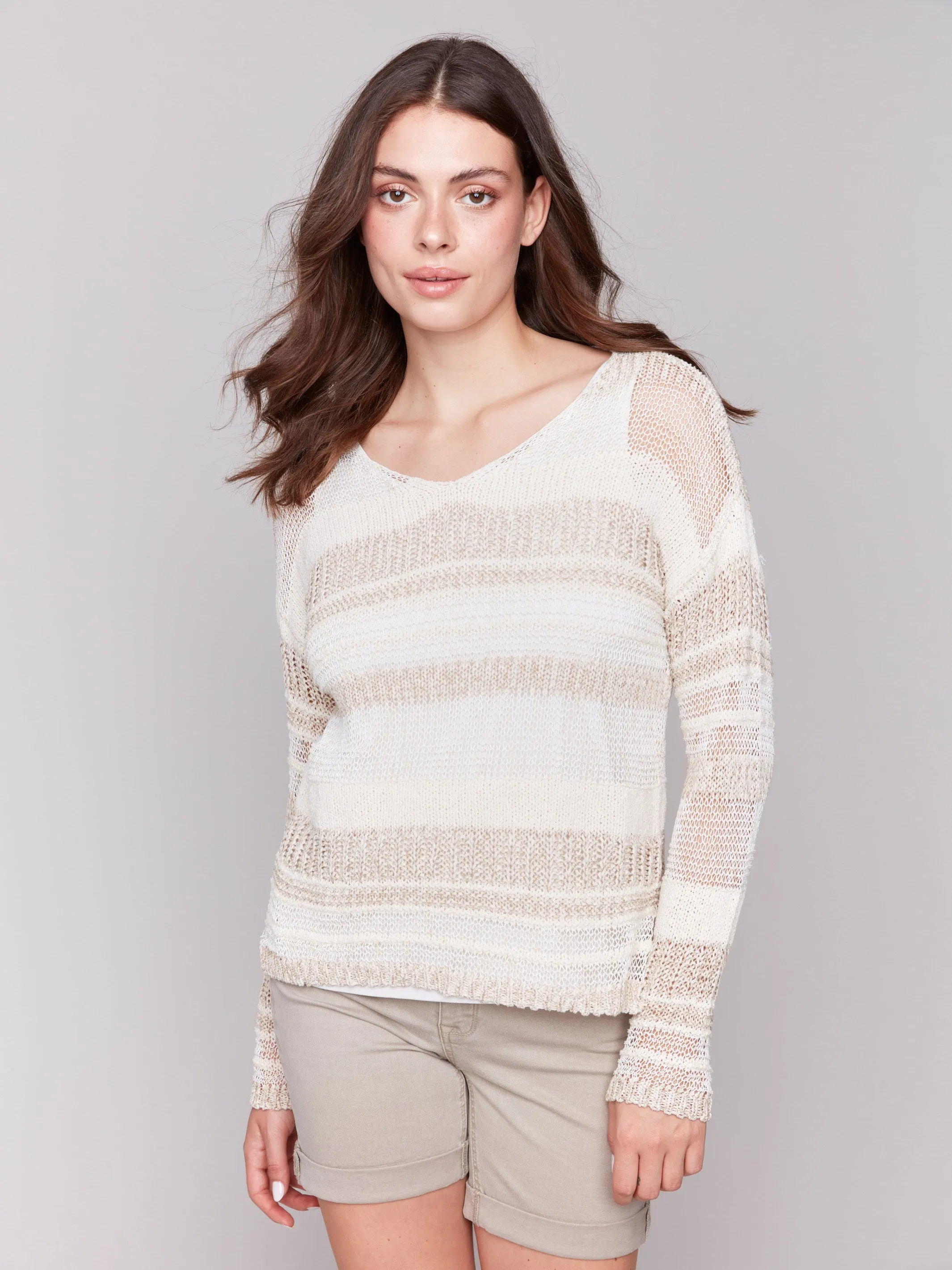 Multi-Yarn Striped Sweater - Beige sold by Charlie B