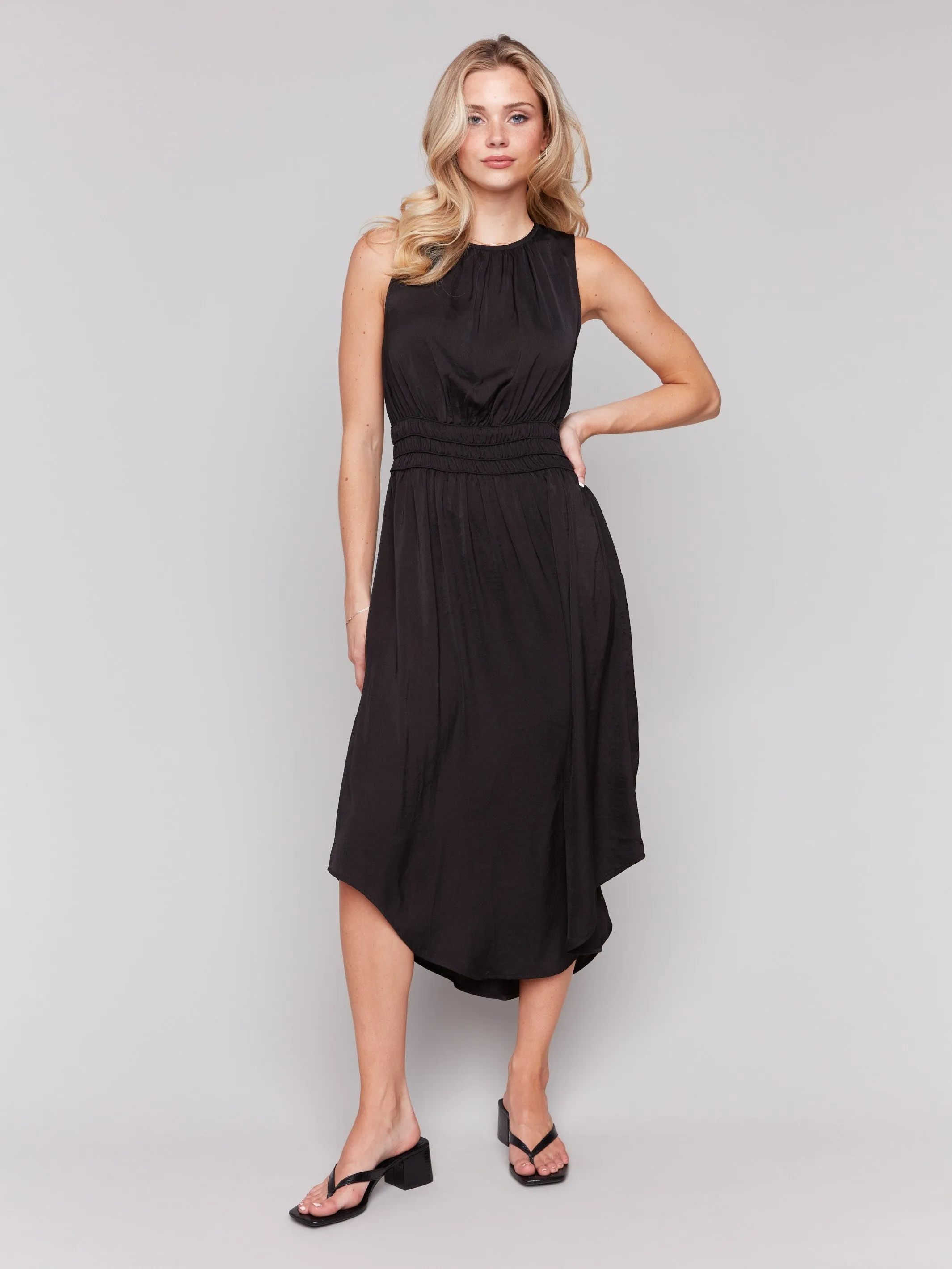 Sleeveless Flowy Satin Dress - Black sold by Charlie B