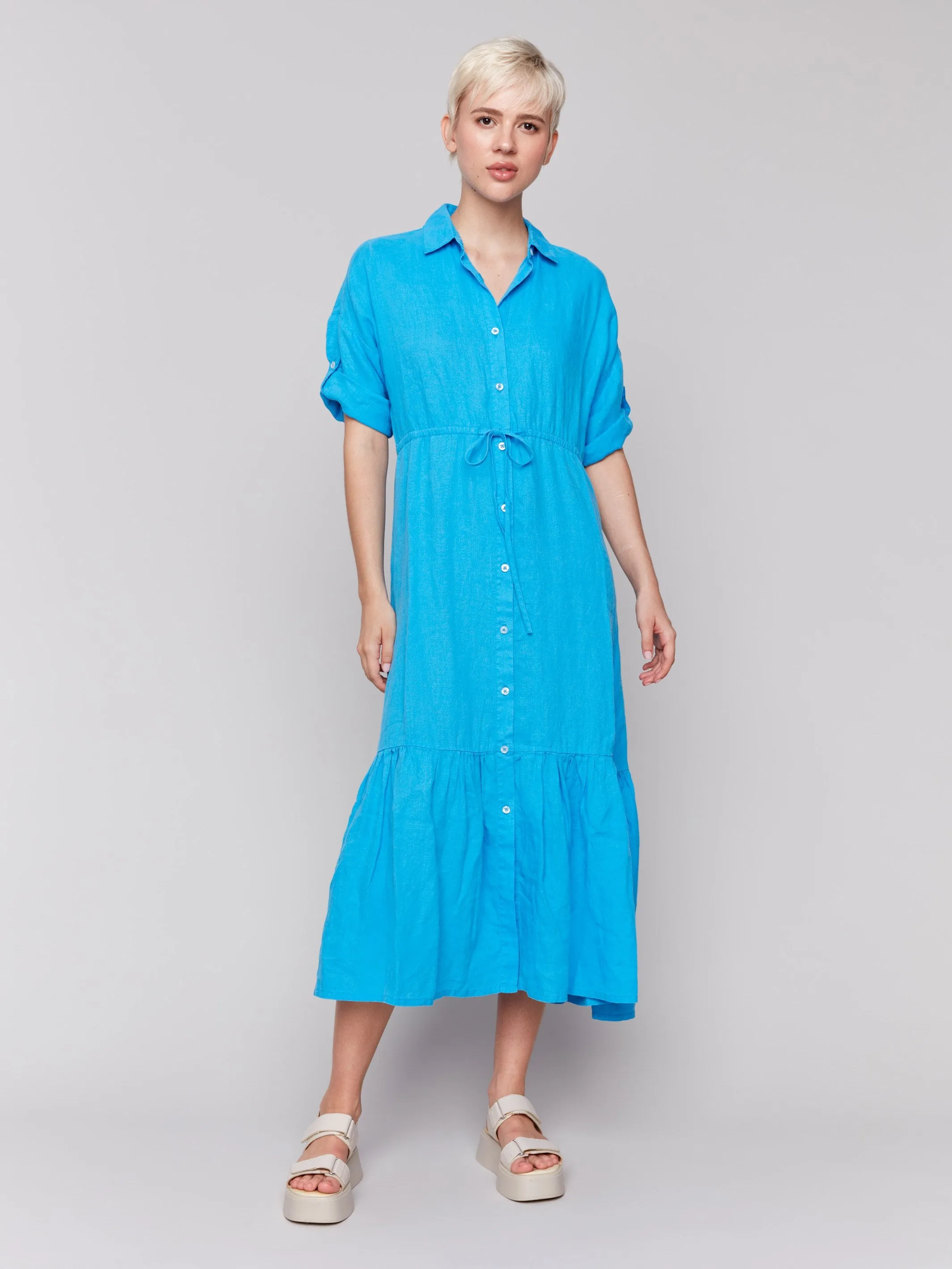 Linen Blend Button-Front Maxi Shirt Dress - Lagoon sold by Charlie B product image thumbnail 3