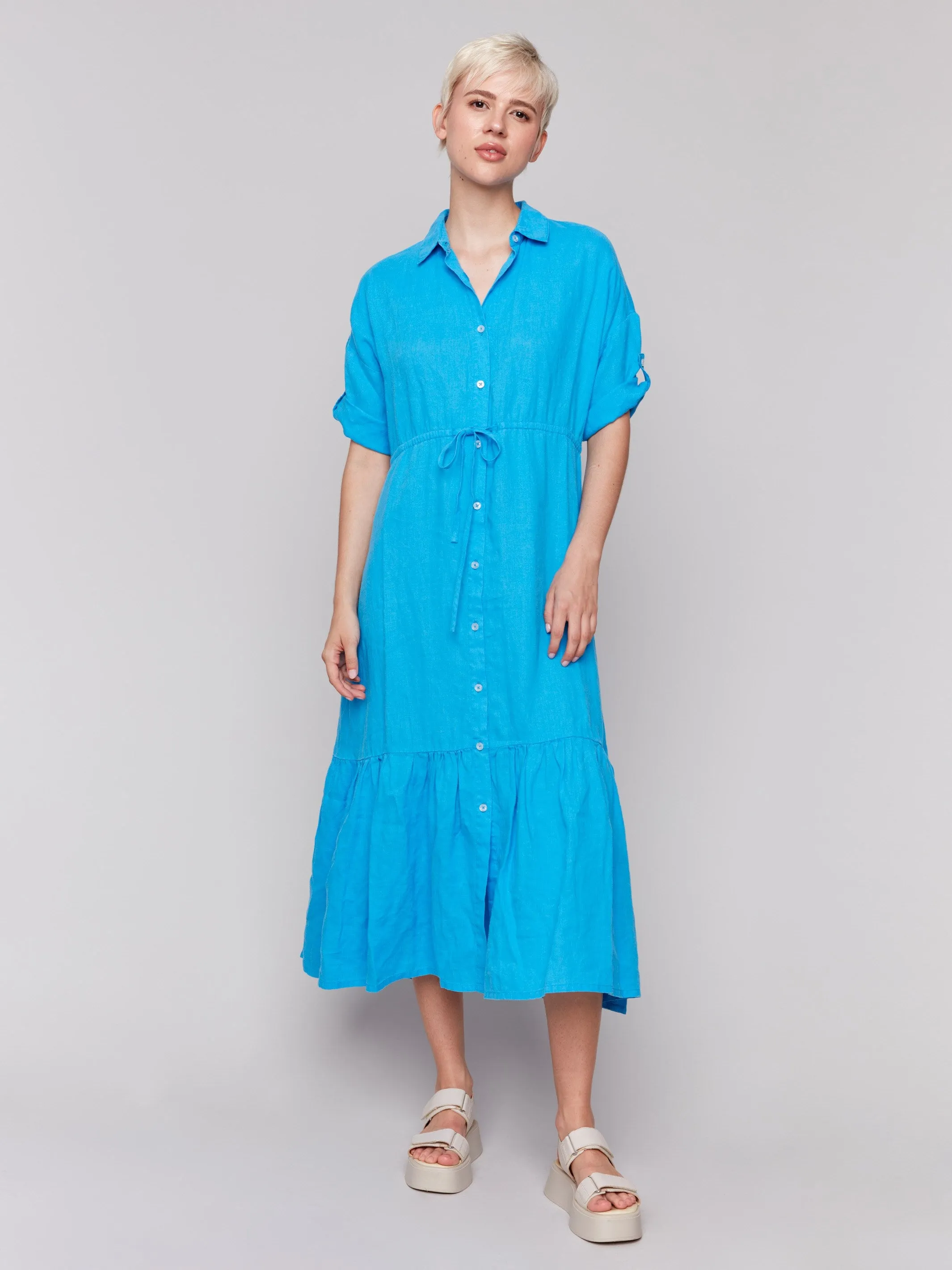 Linen Blend Button-Front Maxi Shirt Dress - Lagoon sold by Charlie B