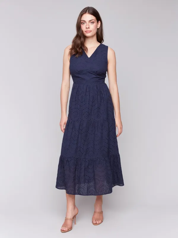 Long Sleeveless Cotton Eyelet Dress - Navy sold by Charlie B