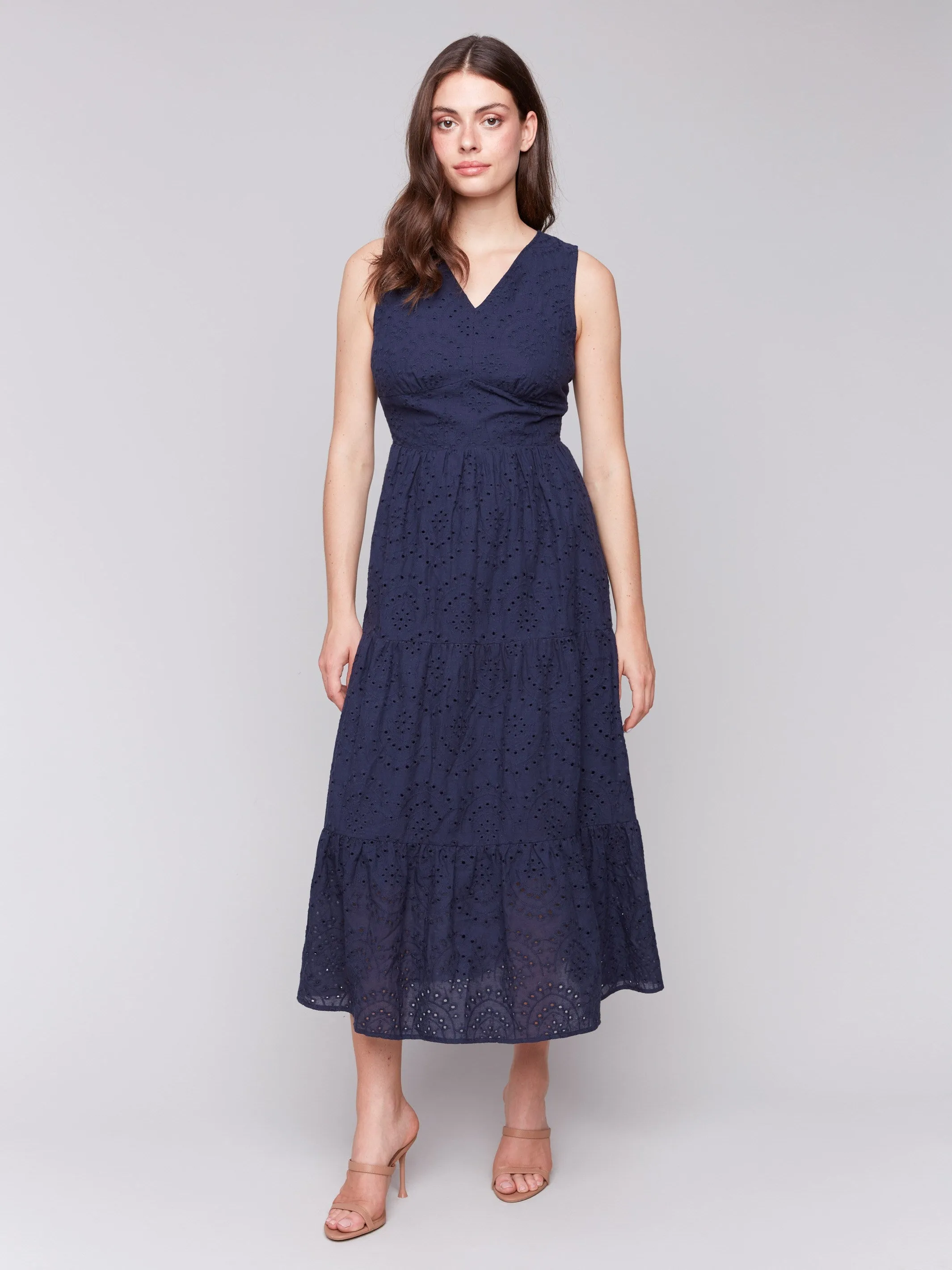 Long Sleeveless Cotton Eyelet Dress - Navy sold by Charlie B