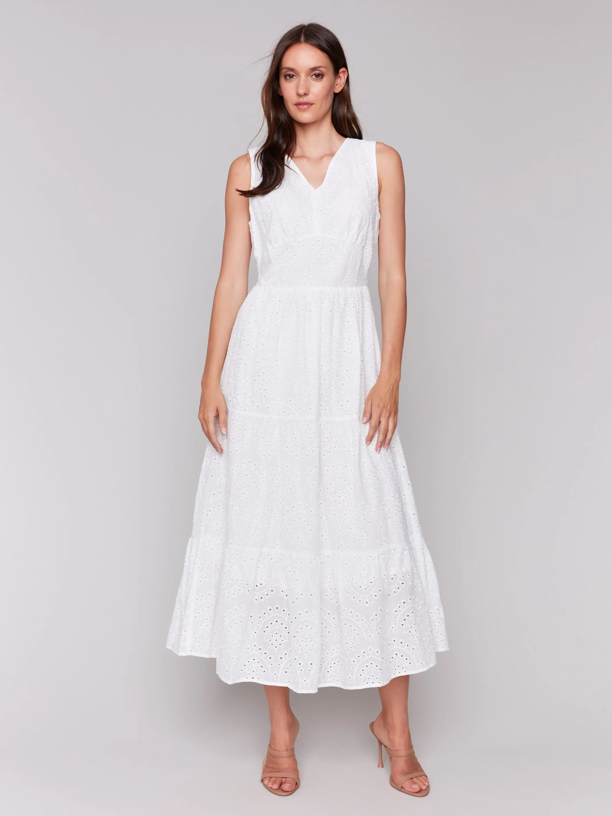 Long Sleeveless Cotton Eyelet Dress - White sold by Charlie B