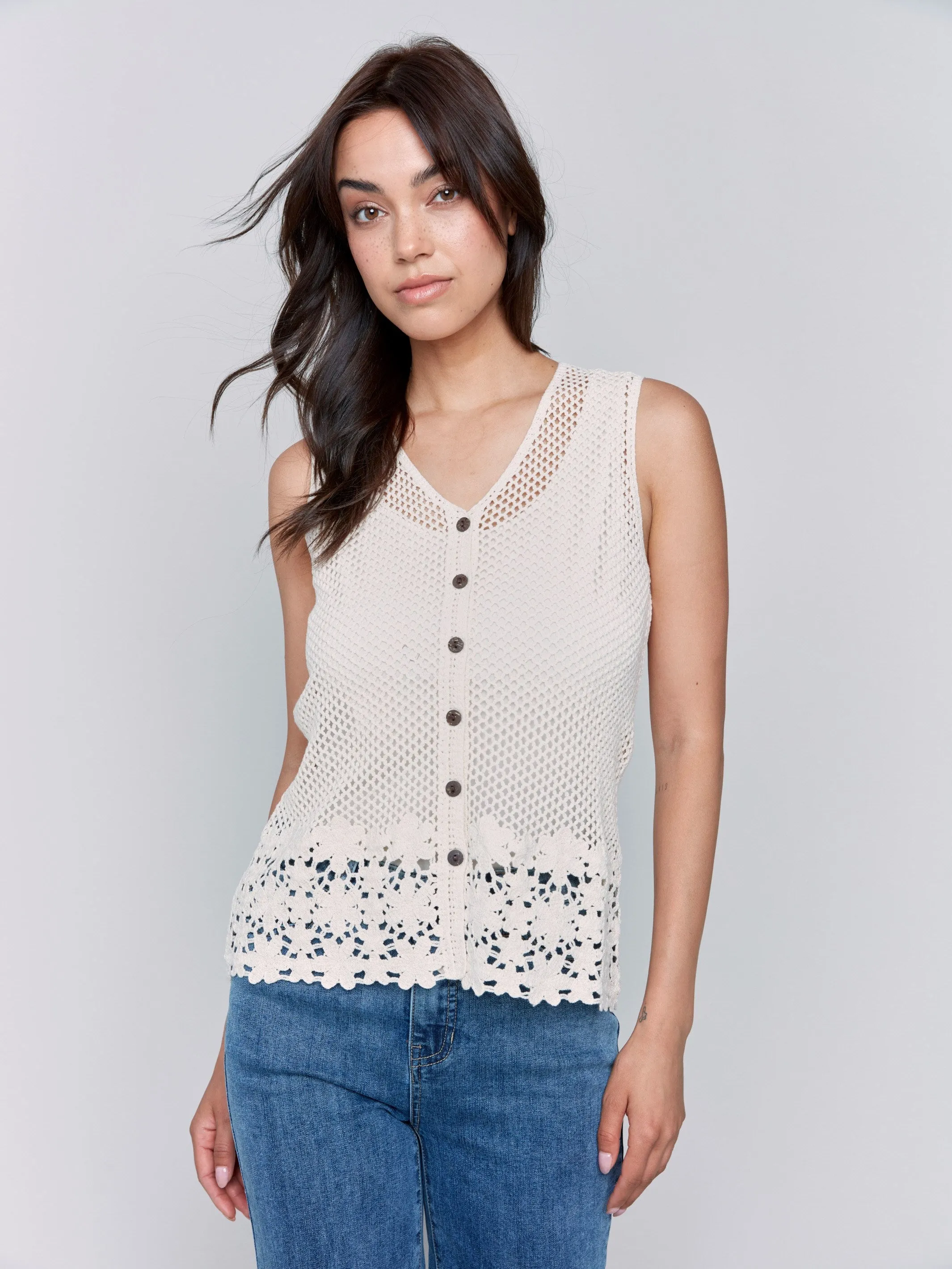 Button Front Crochet Vest - Natural sold by Charlie B