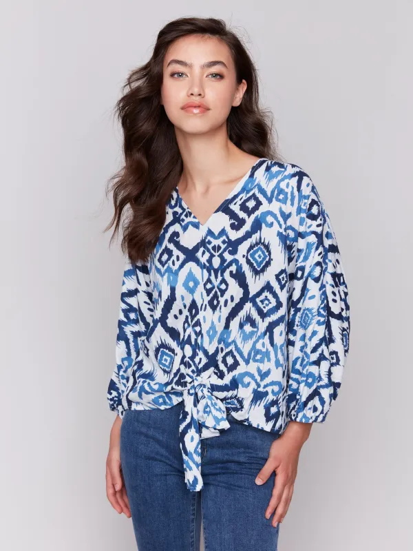 Printed Popover Blouse with Front Tie - Ikat sold by Charlie B