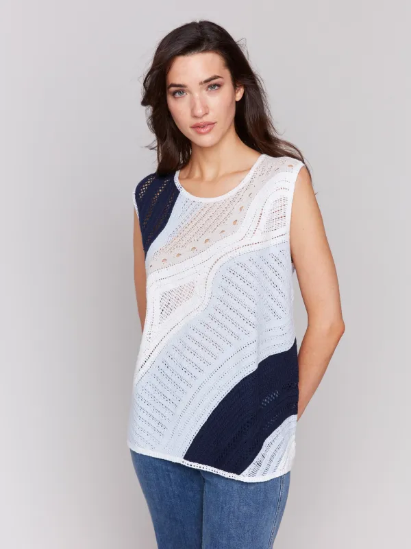 Sleeveless Colorblock Crochet Top - Denim sold by Charlie B