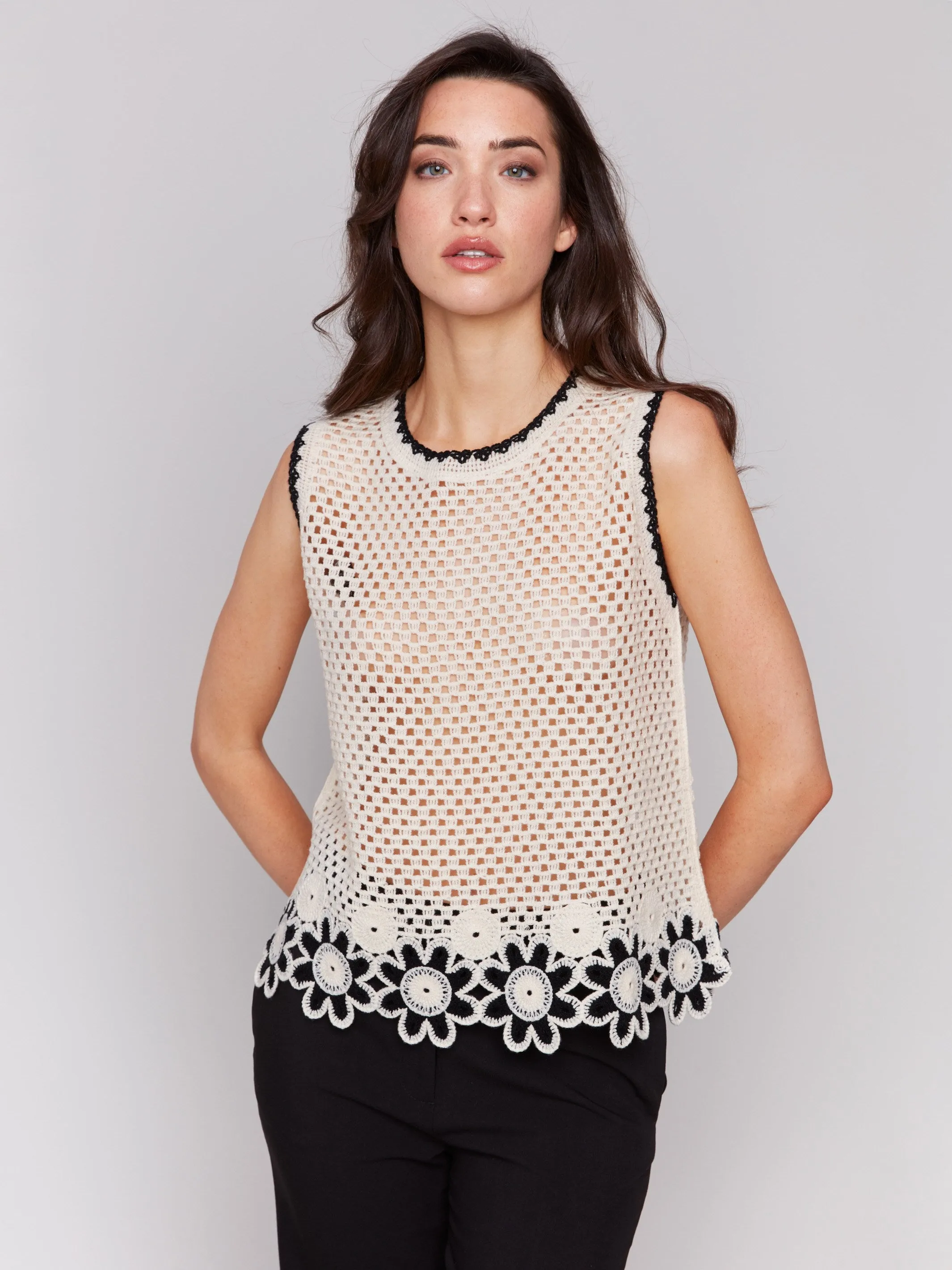 Sleeveless Floral Border Crochet Top - Natural sold by Charlie B