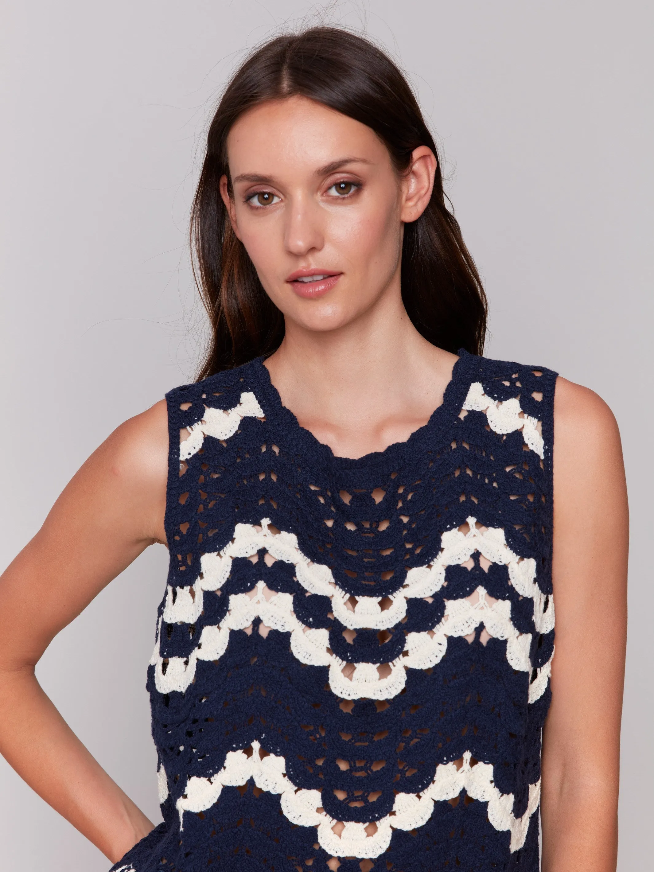 Sleeveless Crochet Crew Neck Top - Navy sold by Charlie B product image thumbnail 2