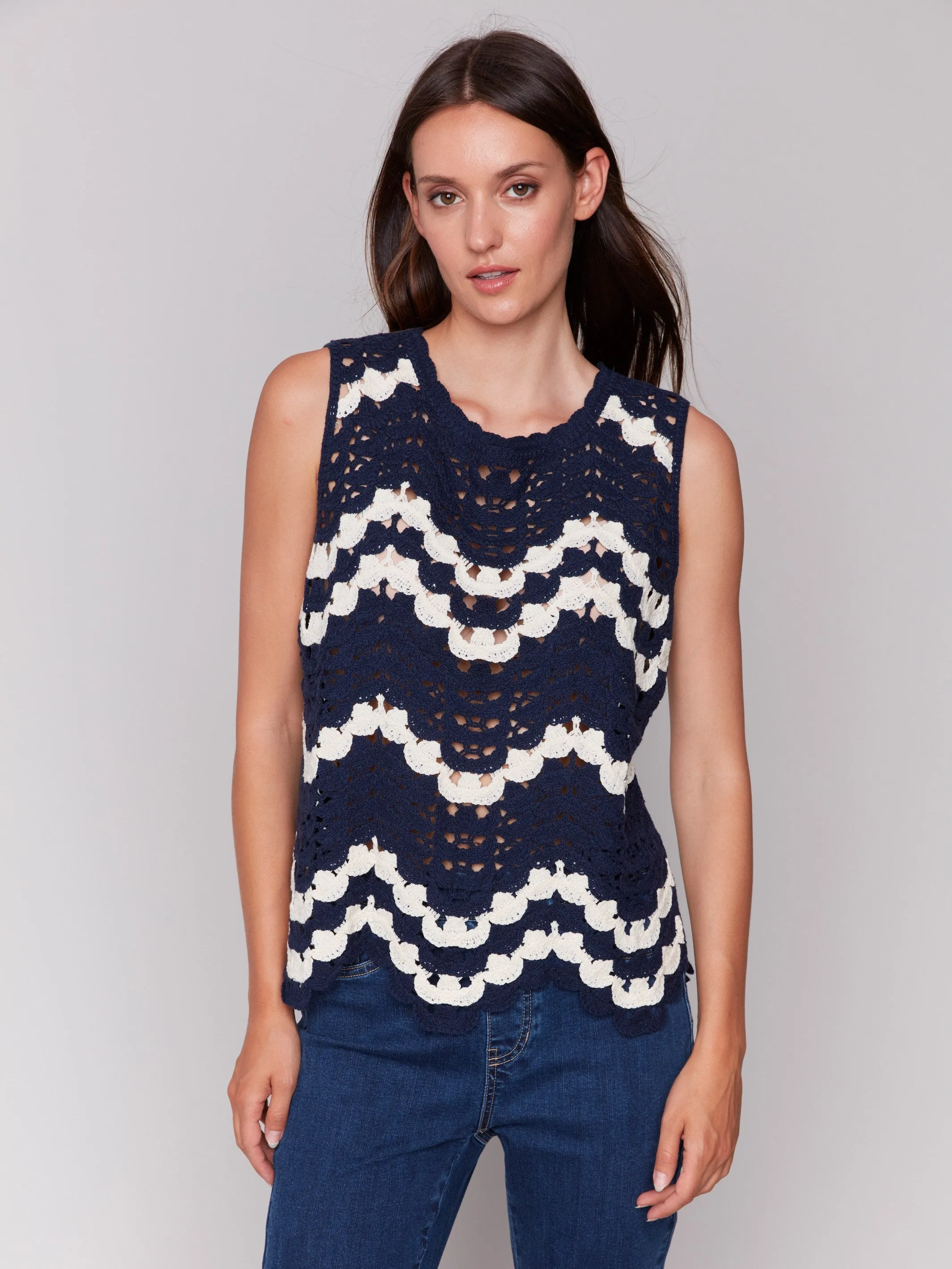Sleeveless Crochet Crew Neck Top - Navy sold by Charlie B product image thumbnail 5