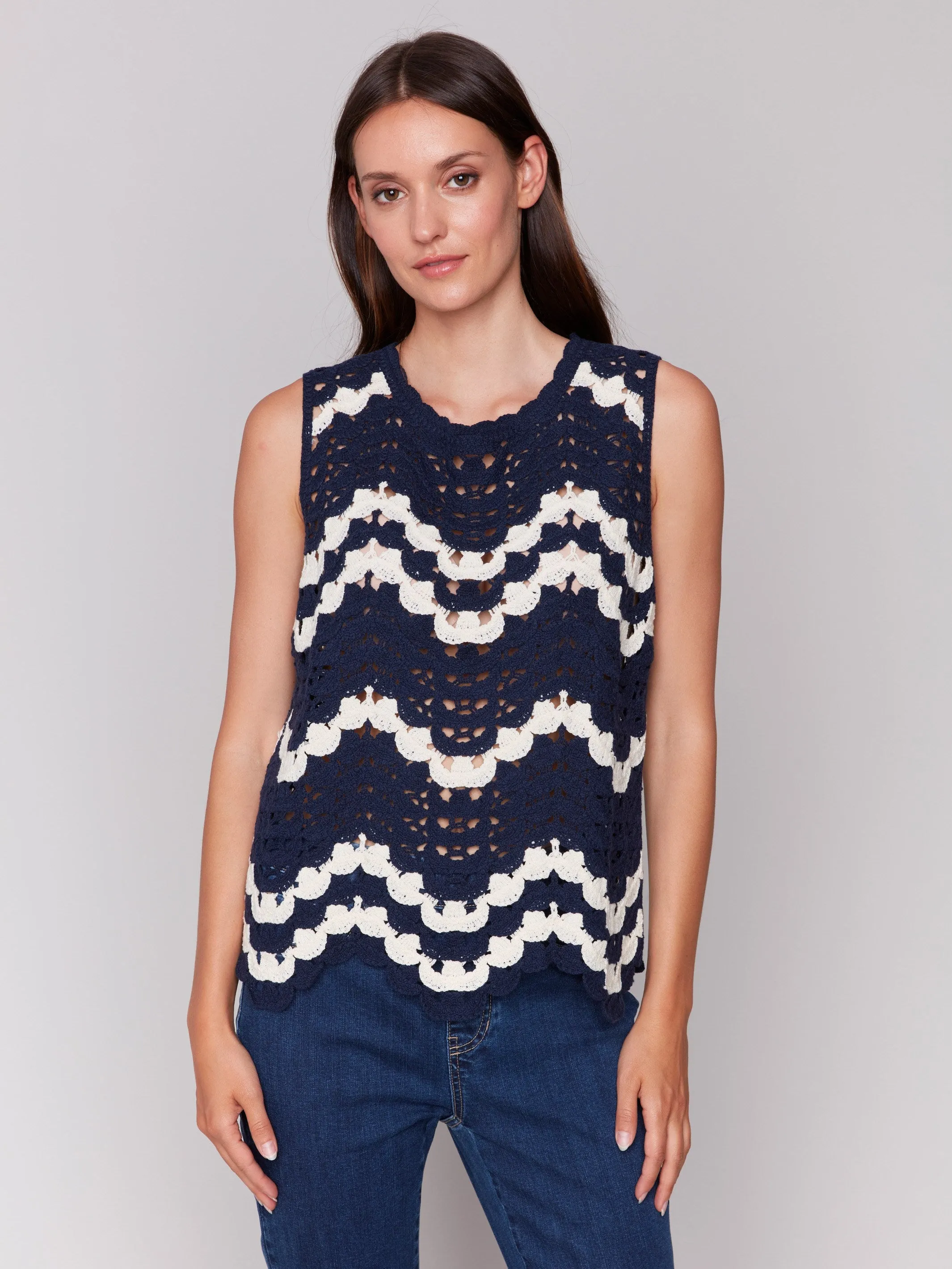 Sleeveless Crochet Crew Neck Top - Navy sold by Charlie B