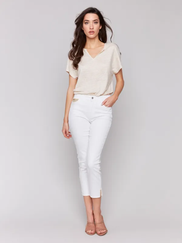 Cropped Twill Jeans with Sequin Coin Pocket Detail - White sold by Charlie B