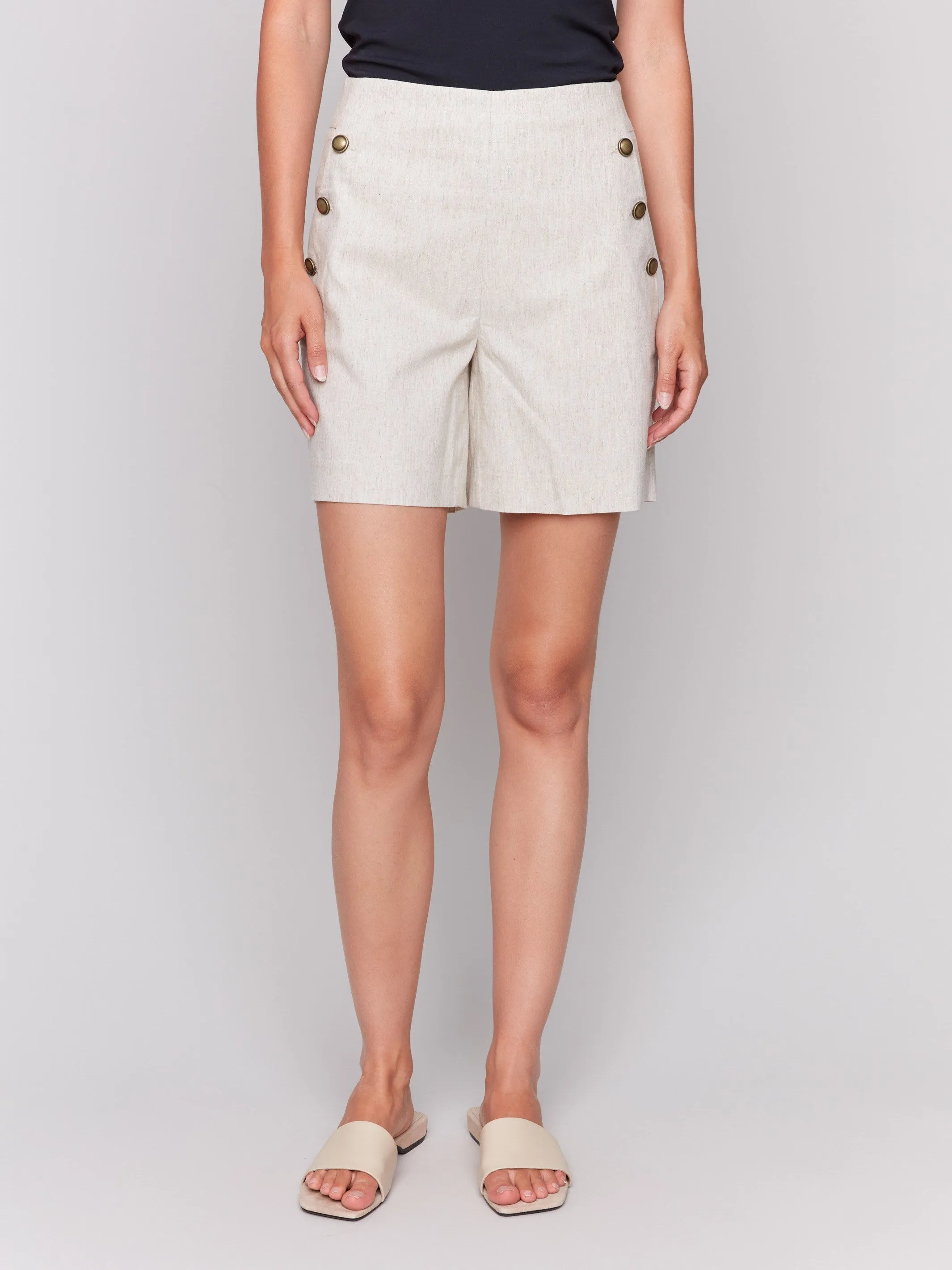 Linen Blend Stretch Shorts with Button Detail - Natural sold by Charlie B product image thumbnail 2