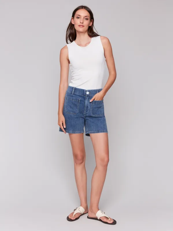 Denim Shorts with Patch Pockets - Medium Blue sold by Charlie B