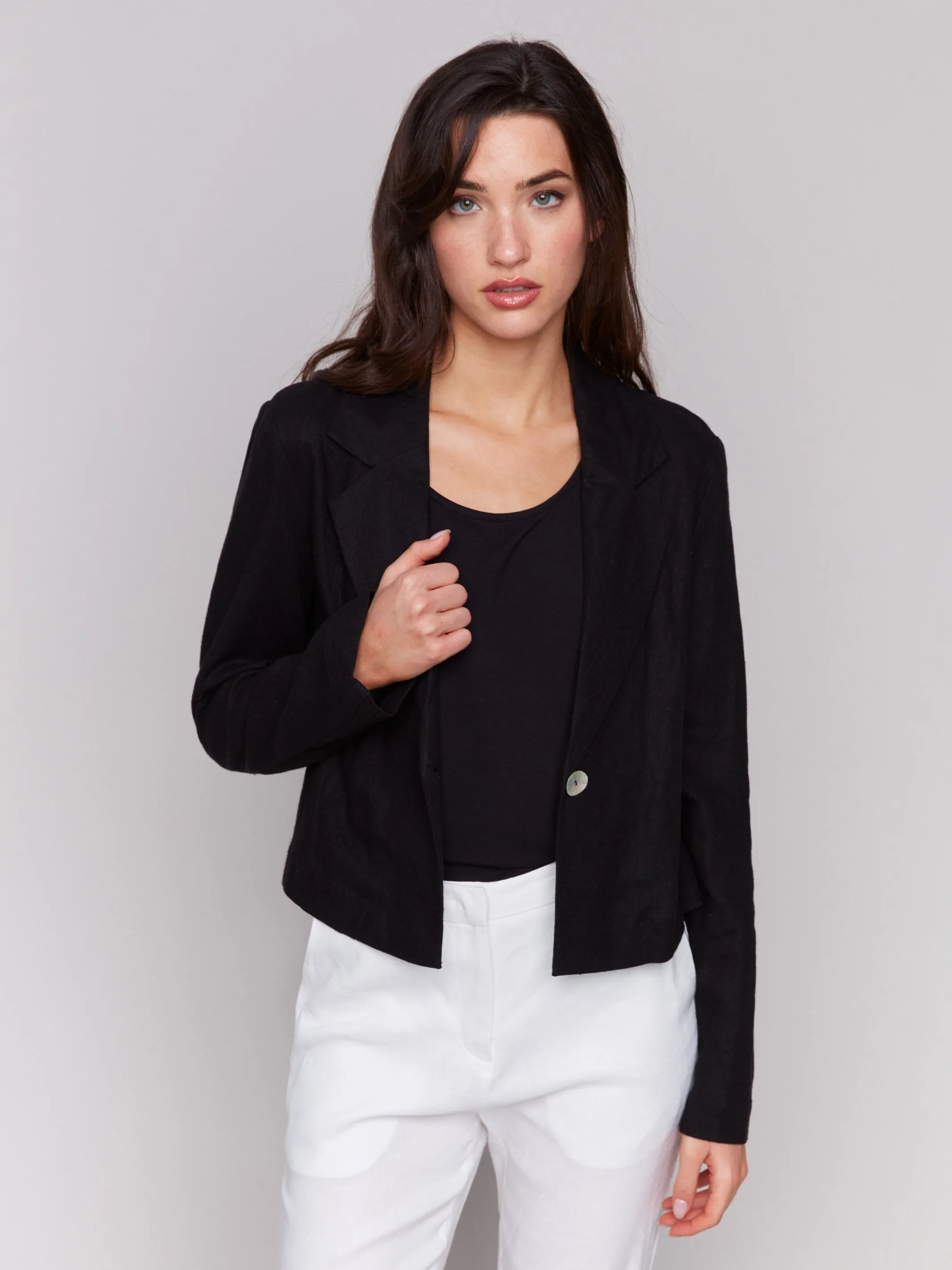 Cropped Linen Blend Blazer - Black sold by Charlie B