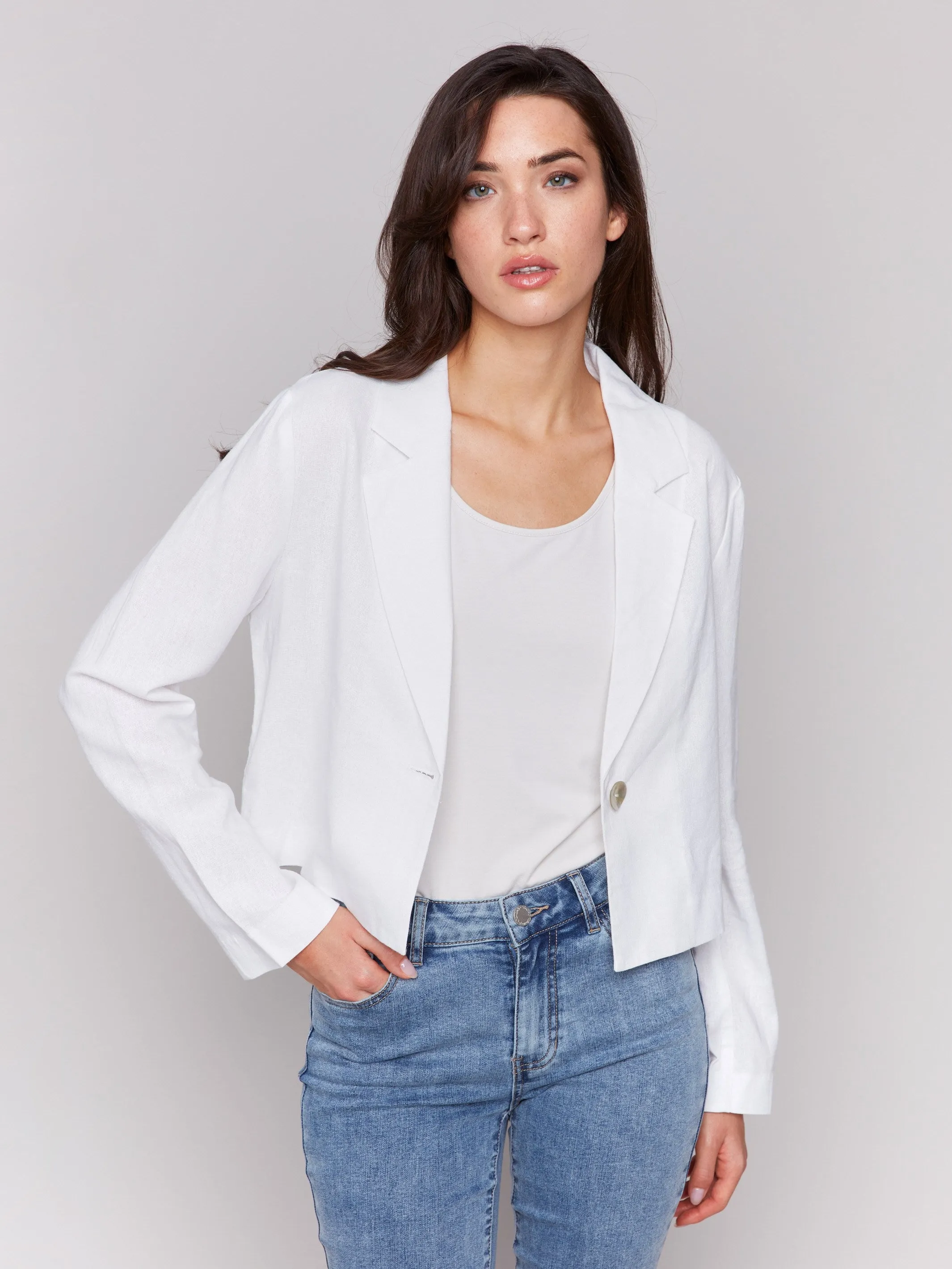 Cropped Linen Blend Blazer - White sold by Charlie B