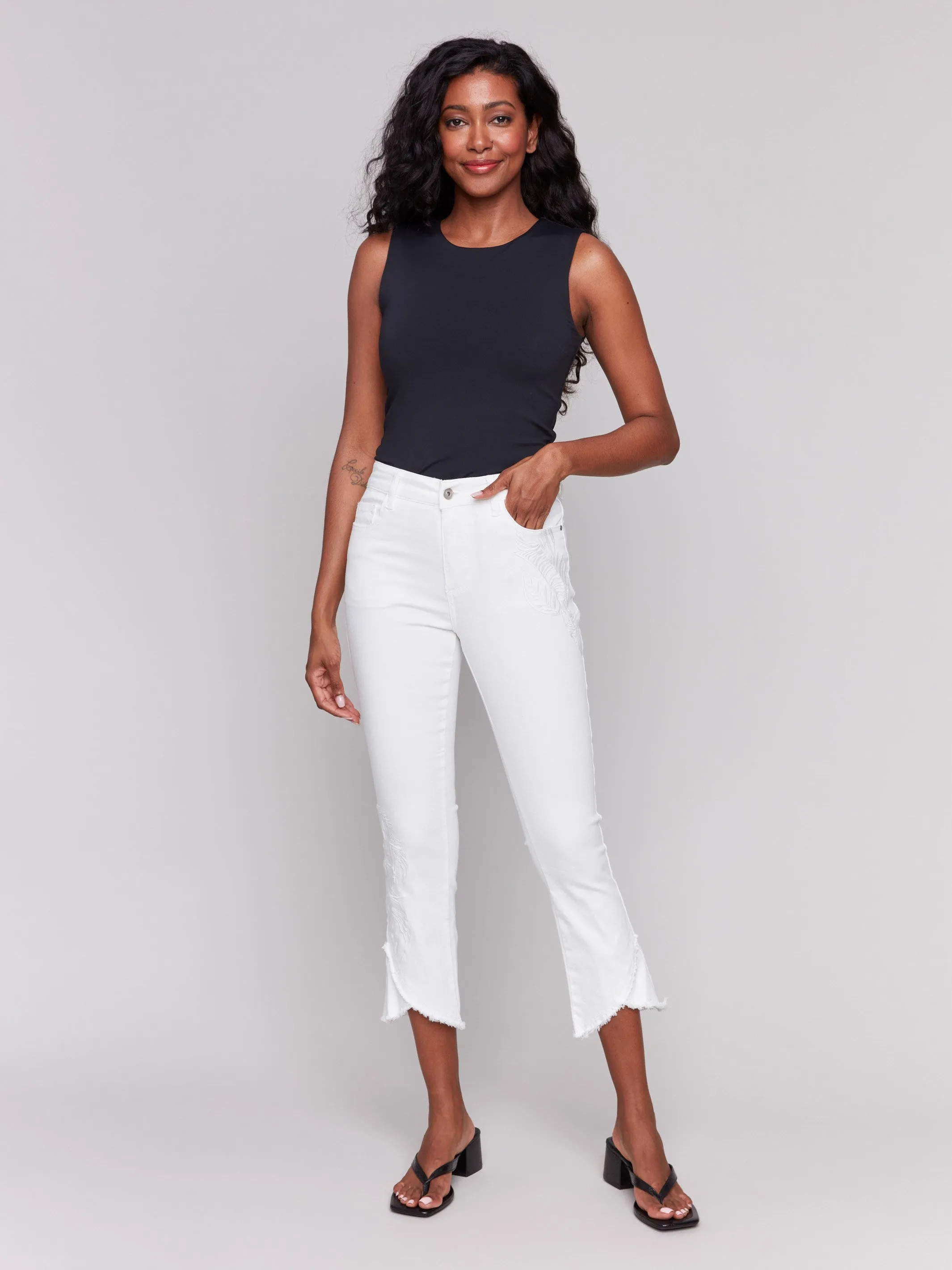 Embroidered Bootcut Twill Pants with Tulip Hem - White sold by Charlie B