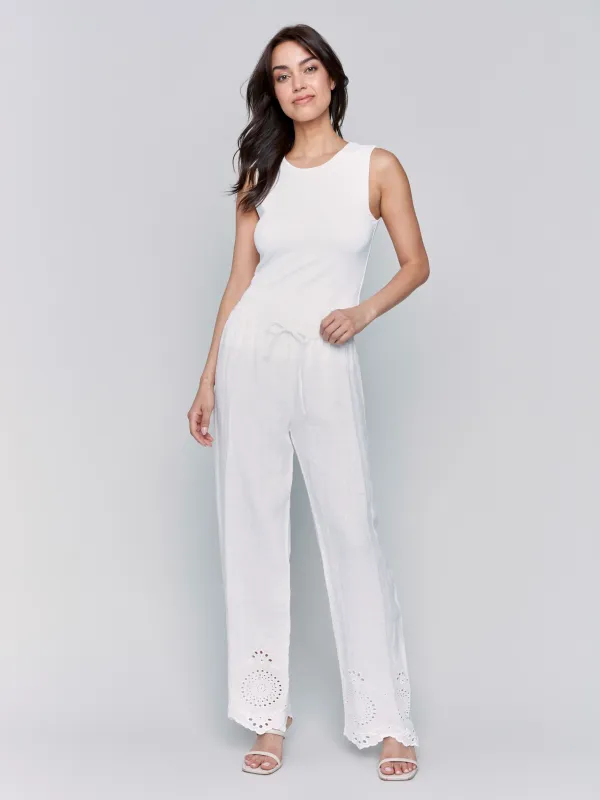 Pull-On Linen Pants with Eyelet Embroidery - White sold by Charlie B