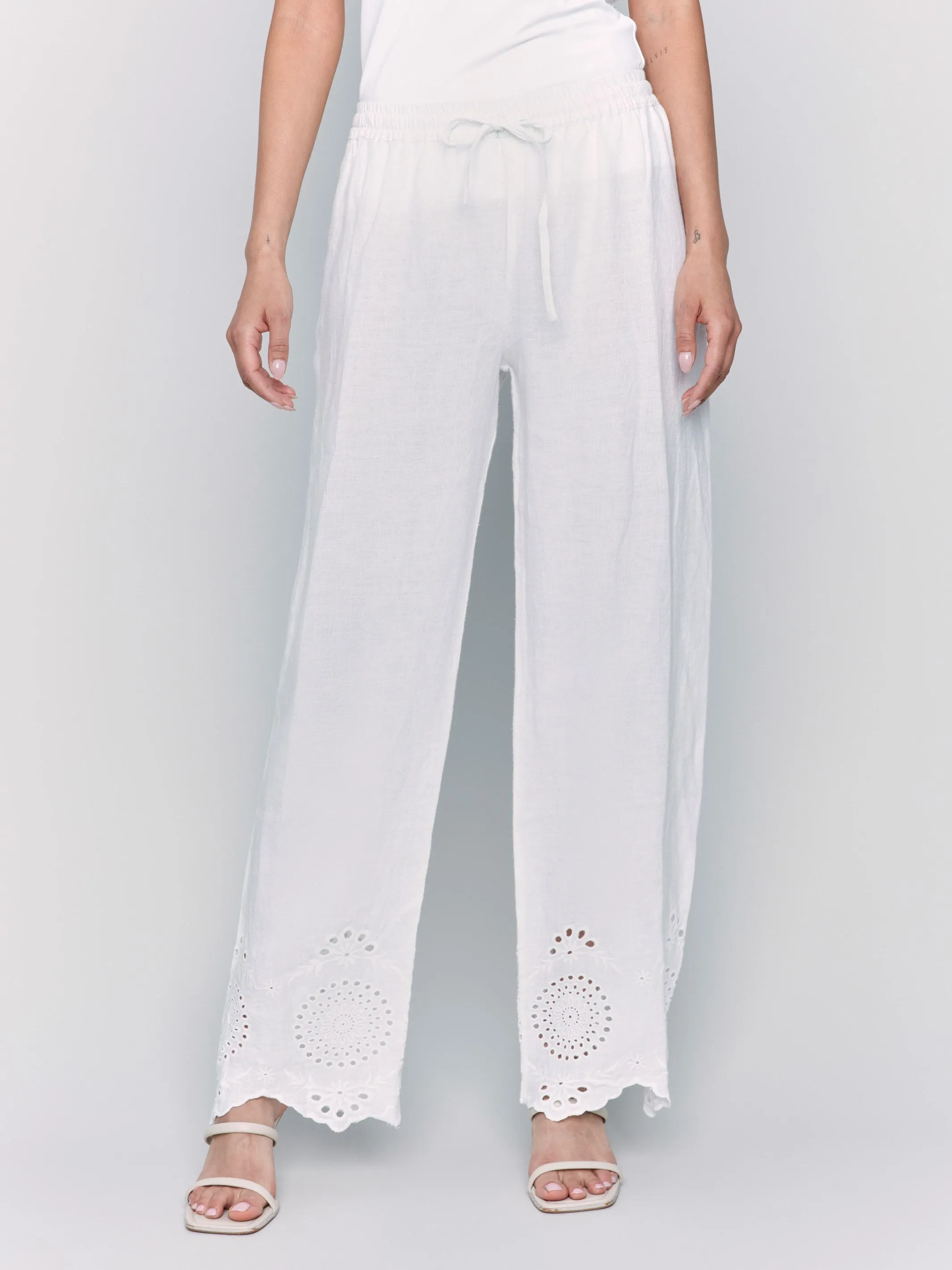 Pull-On Linen Pants with Eyelet Embroidery - White sold by Charlie B product image thumbnail 2