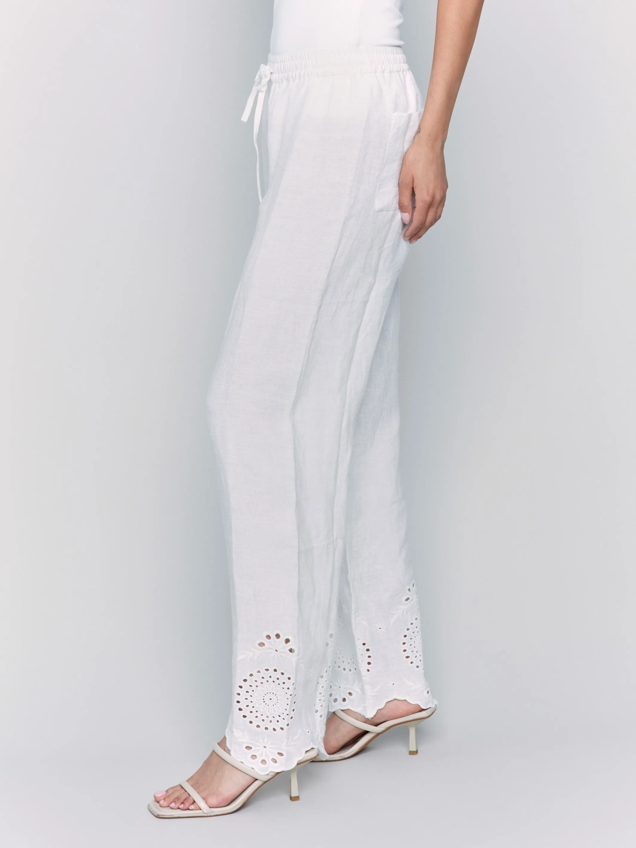 Pull-On Linen Pants with Eyelet Embroidery - White sold by Charlie B product image thumbnail 3