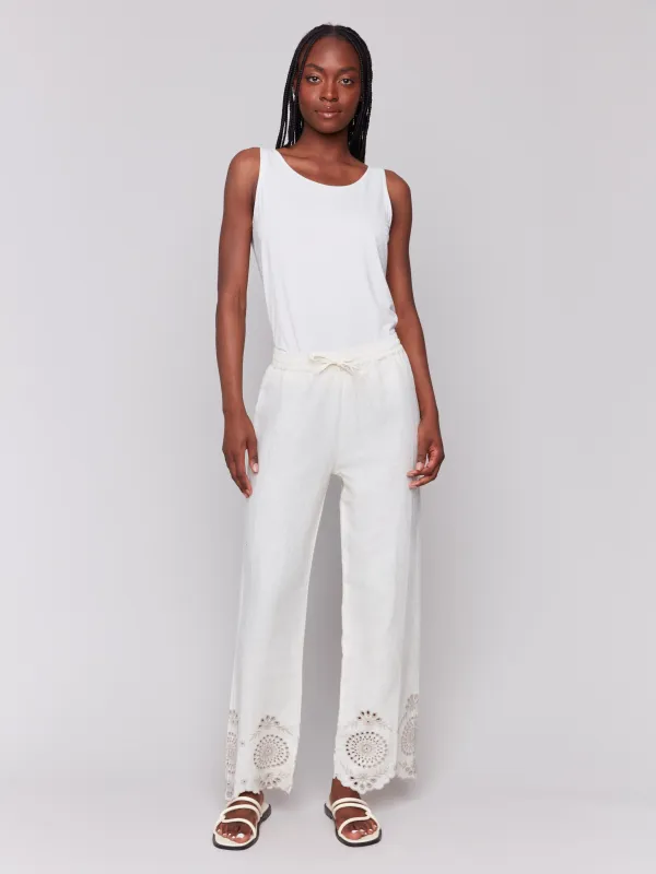 Pull-On Linen Pants with Eyelet Embroidery - Natural sold by Charlie B
