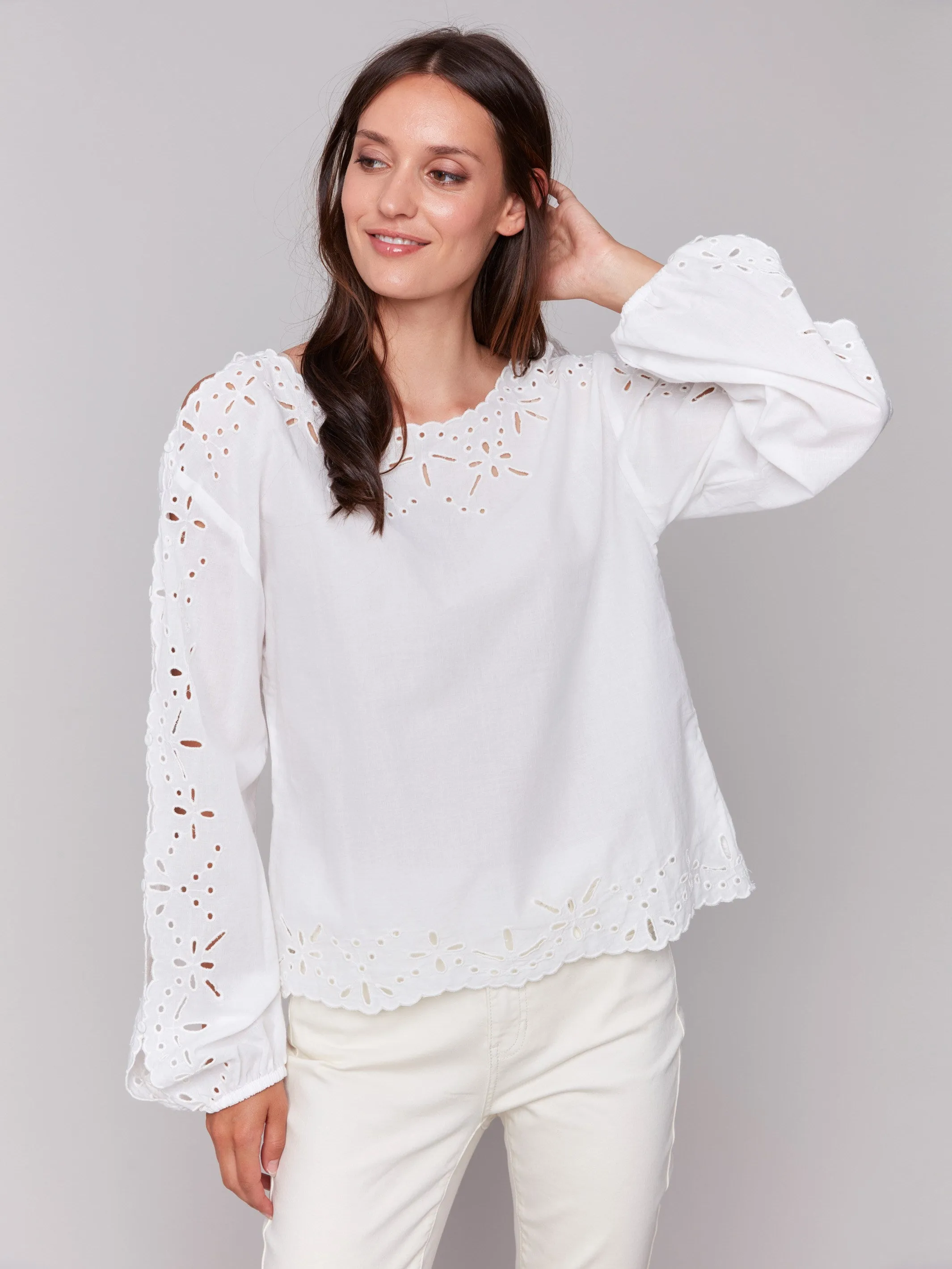 Eyelet Cotton Long Sleeve Blouse - White sold by Charlie B