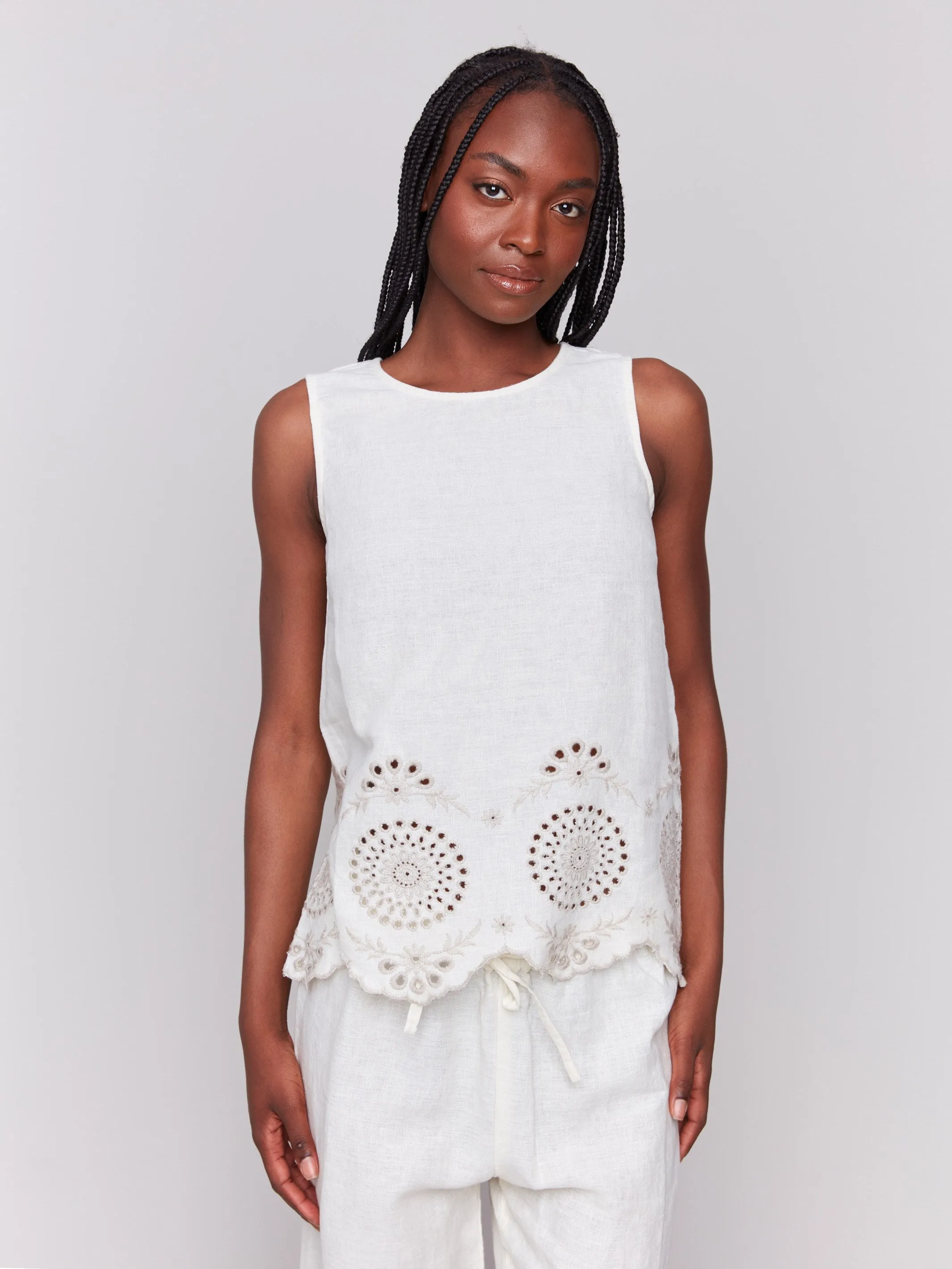 Sleeveless Linen Top with Eyelet Embroidery - Natural sold by Charlie B product image thumbnail 4