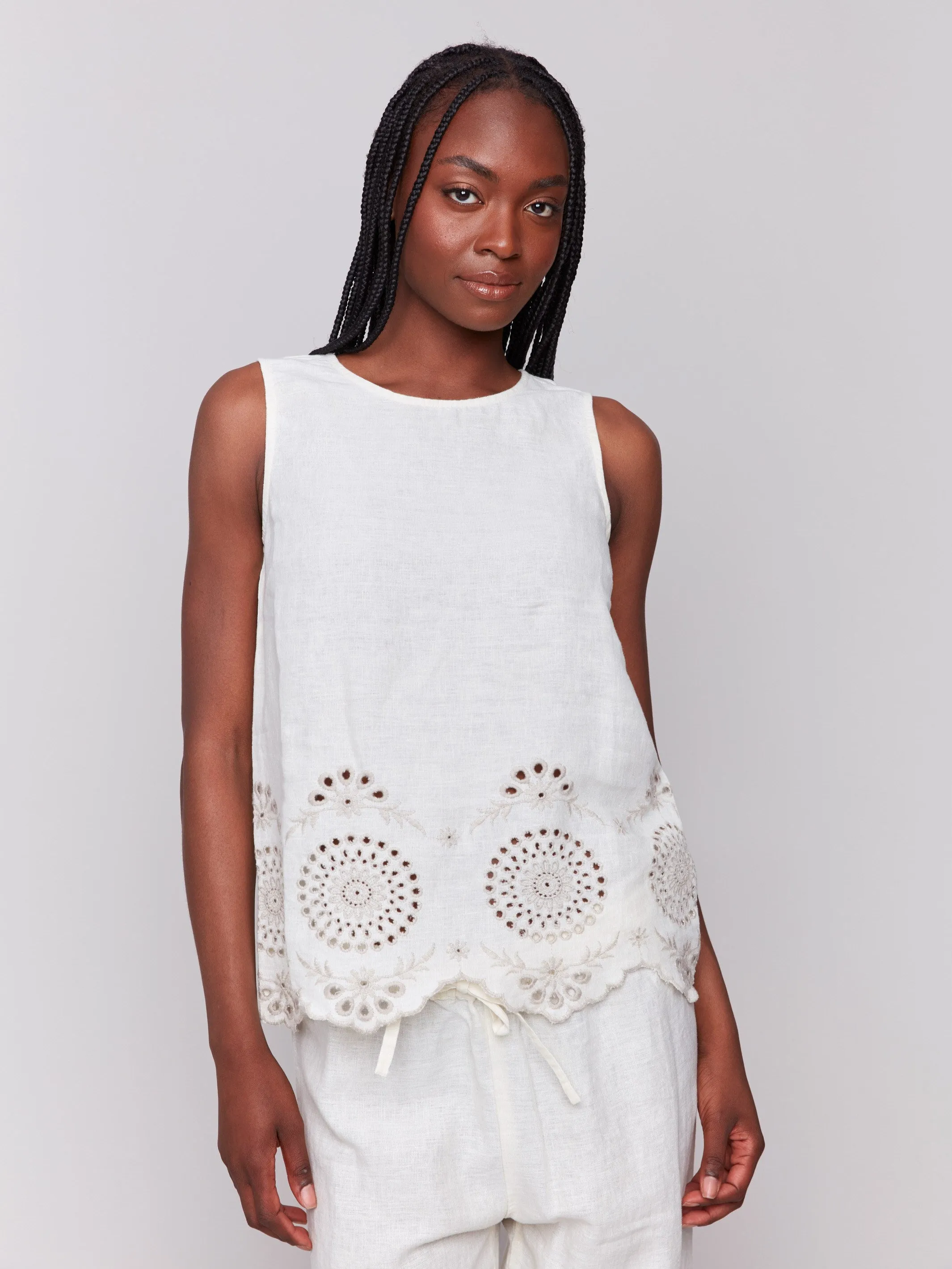 Sleeveless Linen Top with Eyelet Embroidery - Natural sold by Charlie B