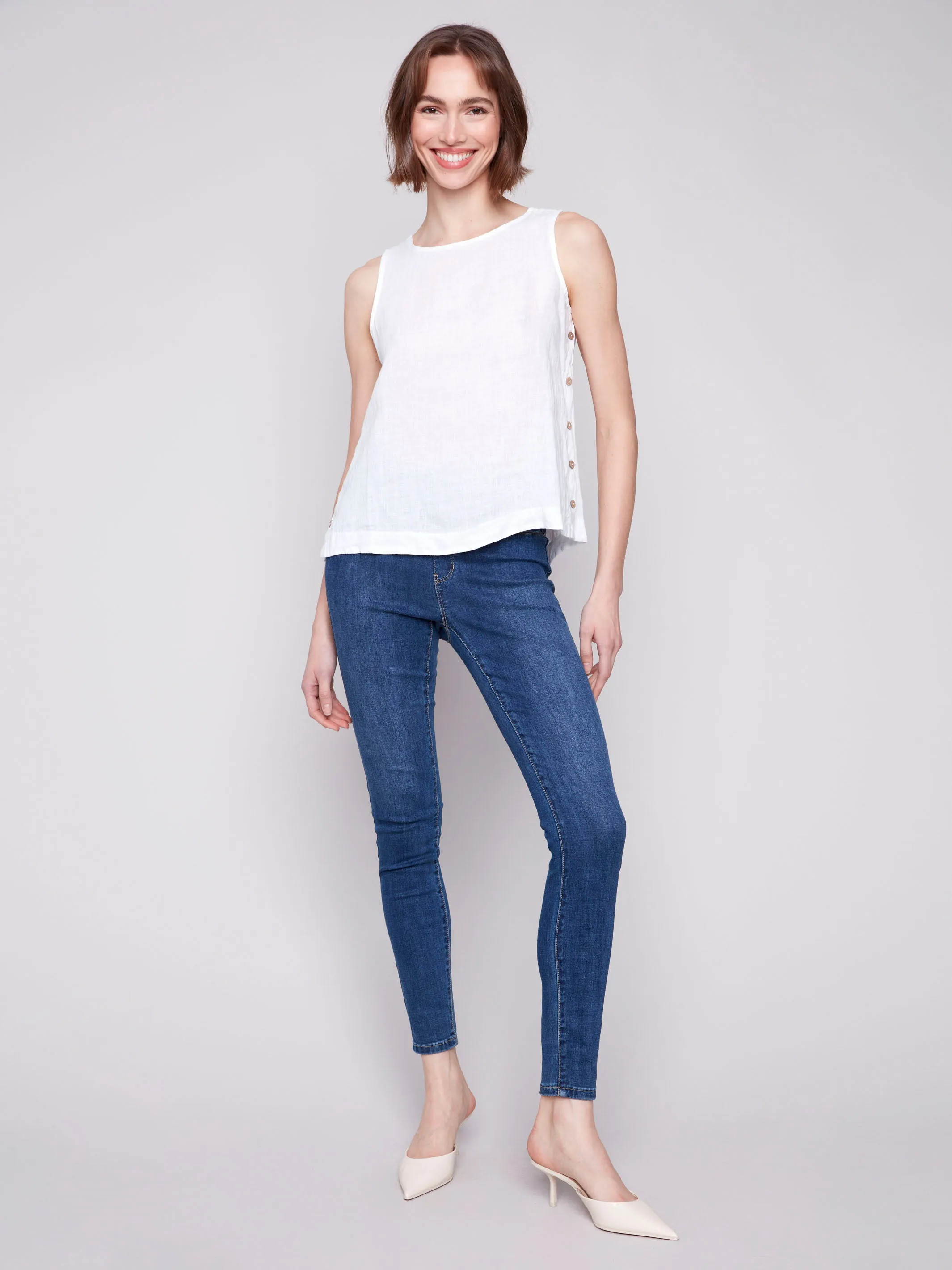 Sleeveless Linen Top with Side Buttons - White sold by Charlie B product image thumbnail 2