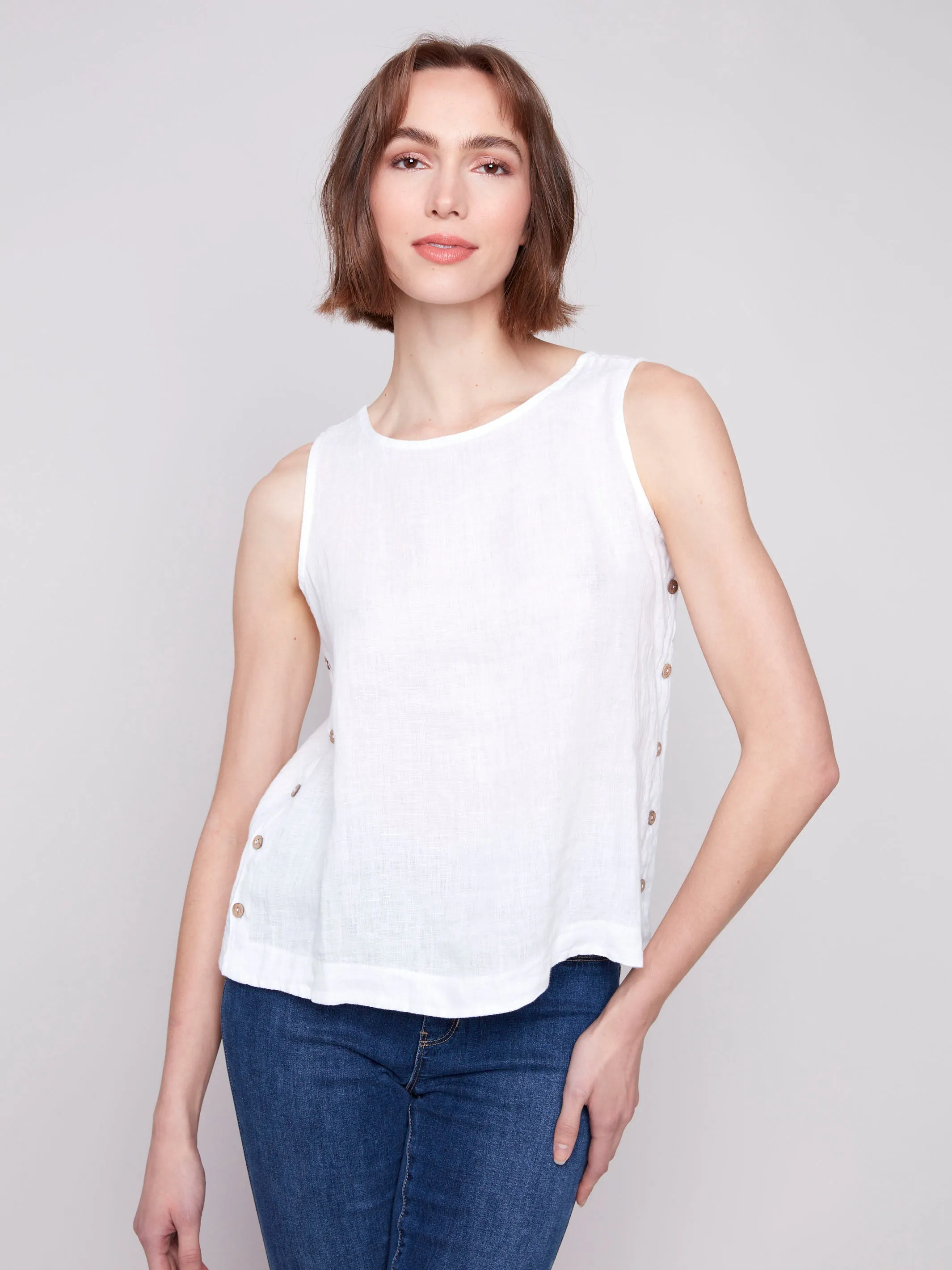 Sleeveless Linen Top with Side Buttons - White sold by Charlie B product image thumbnail 4