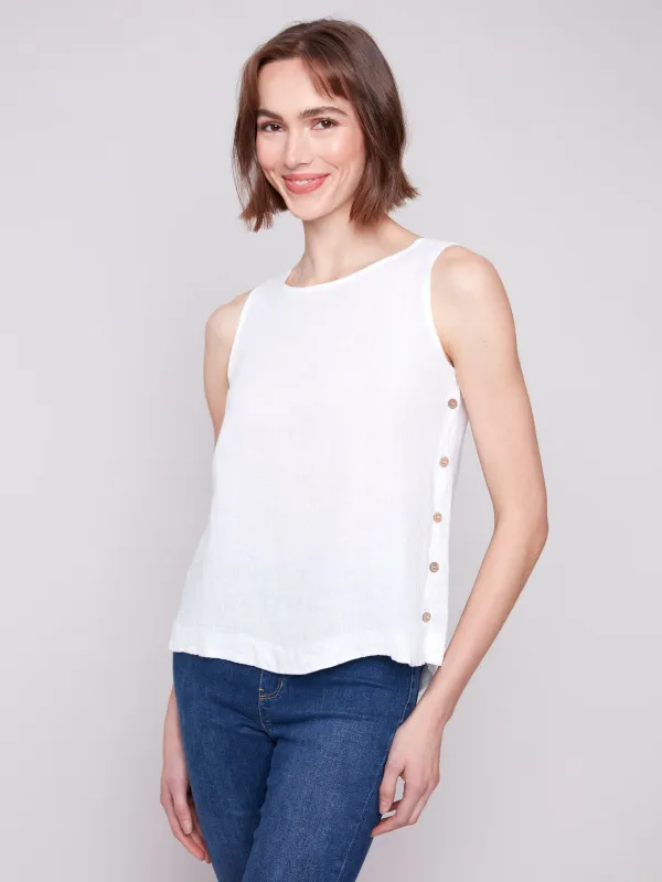 Sleeveless Linen Top with Side Buttons - White sold by Charlie B