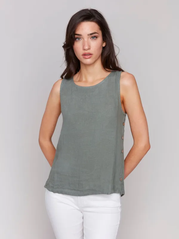 Sleeveless Linen Top with Side Buttons - Celadon sold by Charlie B