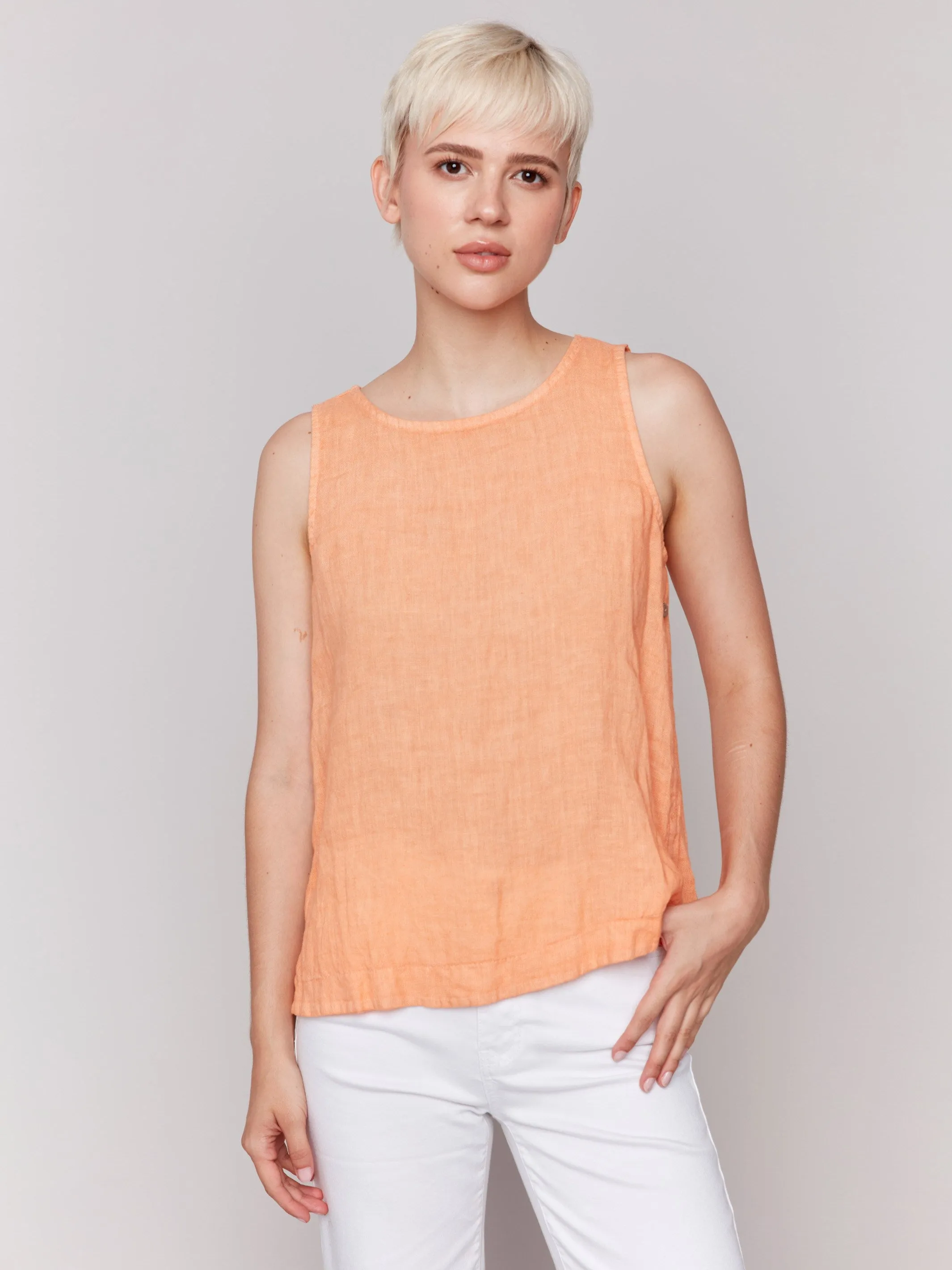 Sleeveless Linen Top with Side Buttons - Papaya sold by Charlie B