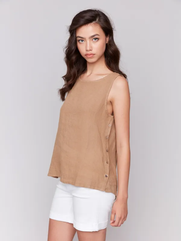 Sleeveless Linen Top with Side Buttons - Biscuit sold by Charlie B